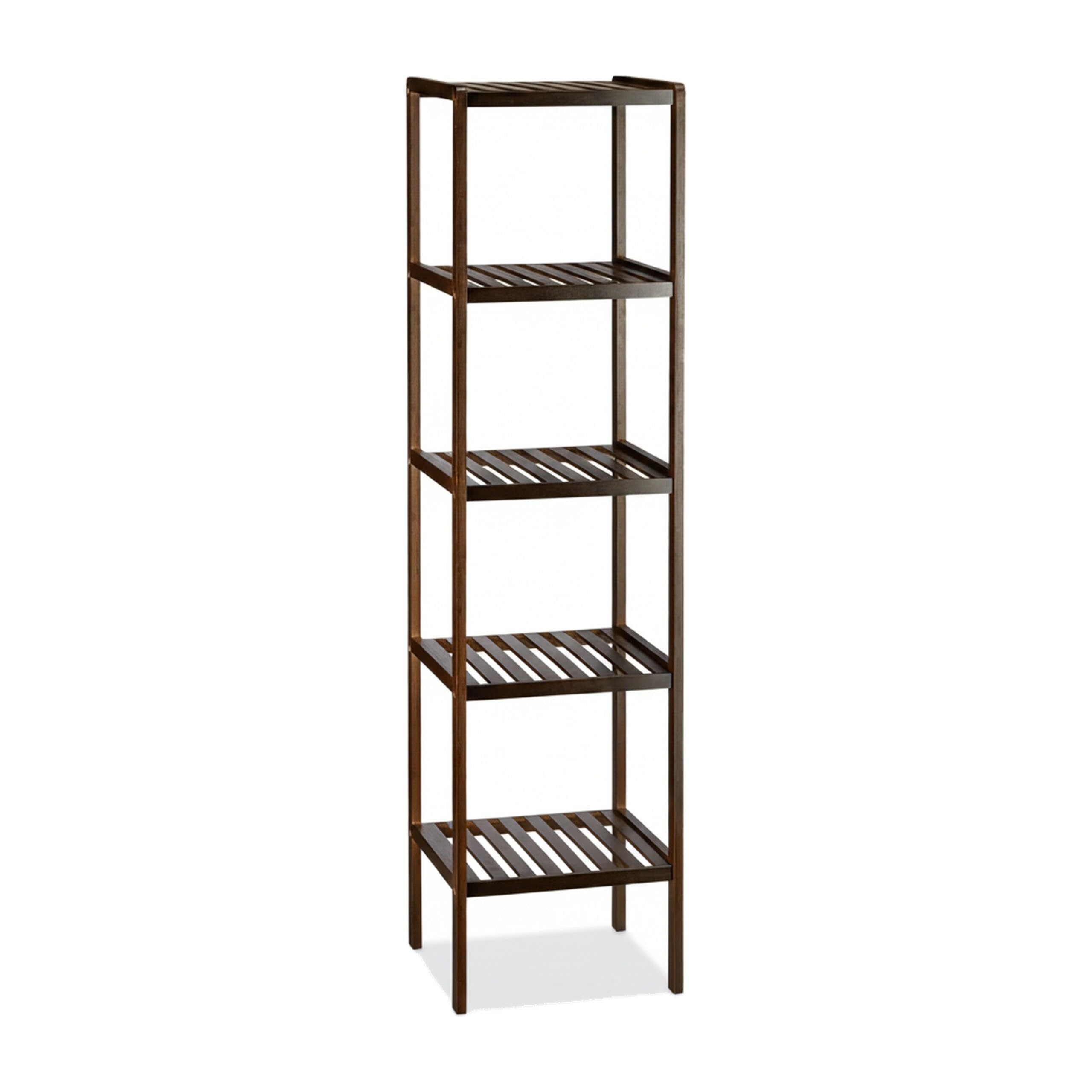Relaxdays Bambus Badregal mit 5 Ablageflächen, HxBxT: 139,5 x 34,5 x 33 cm, hohes Standregal, Holzregal, Dunkelbraun