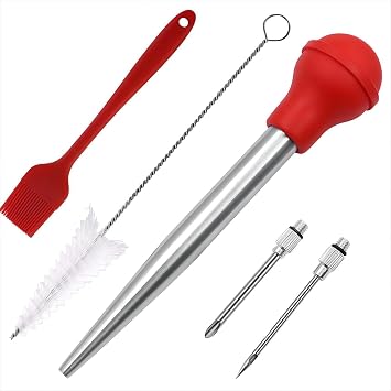 Turkey Baster, Stainless Steel Turkey Baster Silicone Bulb with 2 Marinade Injector Needles and 2 Brush for Cooking Easy Clean and Dishwasher Safe Color Red