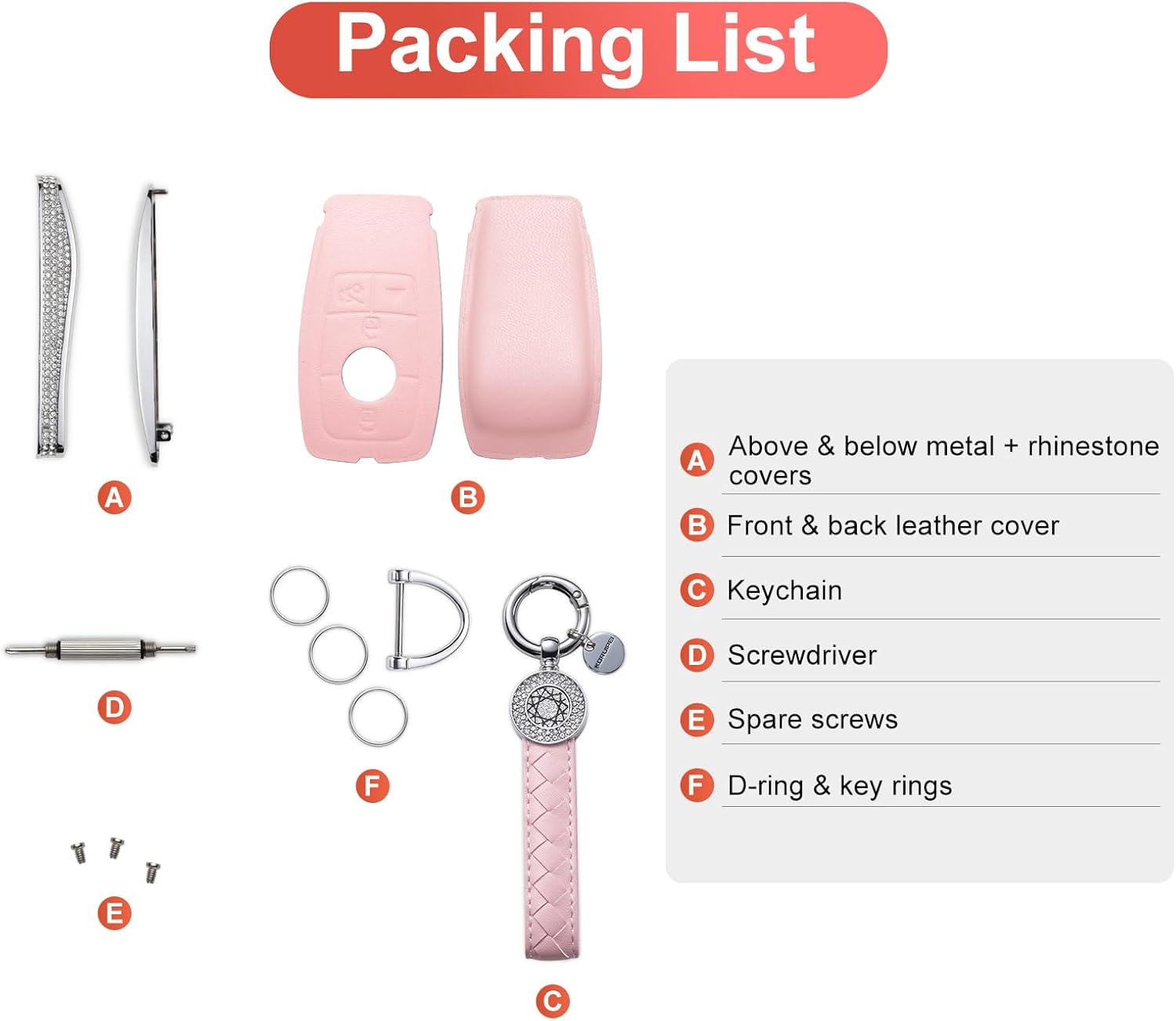 for Mercedes Benz Key Fob Cover with Keychain, Pink Genuine Leather Crystal Key Case Protection Shell Compatible with A C G E S Class 4 Buttons Remote Start