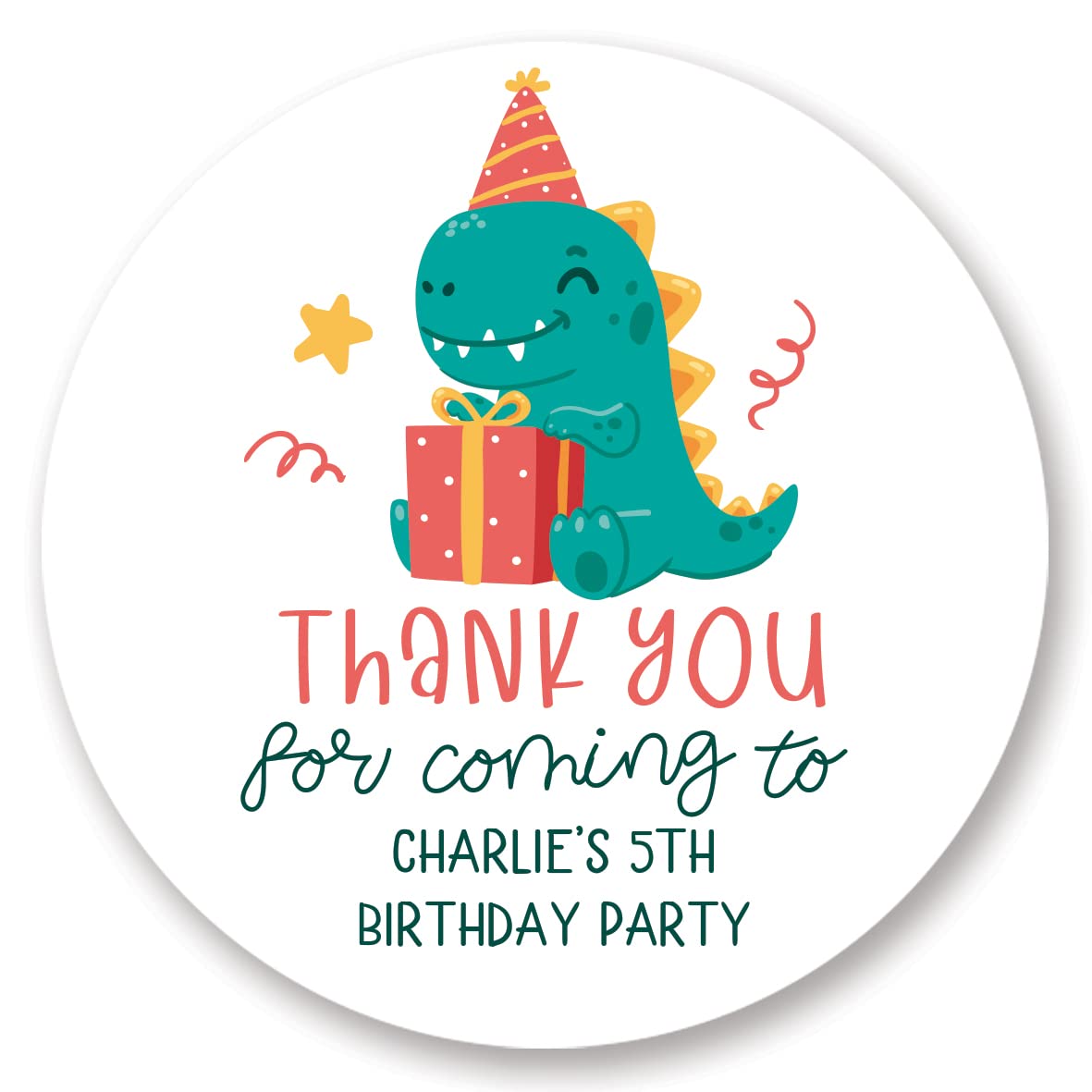 Personalised Dinosaur Thank You for Coming to My Birthday Party Stickers/Labels for Bags and Sweet Cones (45mm (24 per Sheet), Personalised)