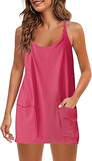 Womens Summer Sleeveless Mini Dress V Neck Spaghetti Strap Sundress Athletic Short Dress with Pockets - Buy now