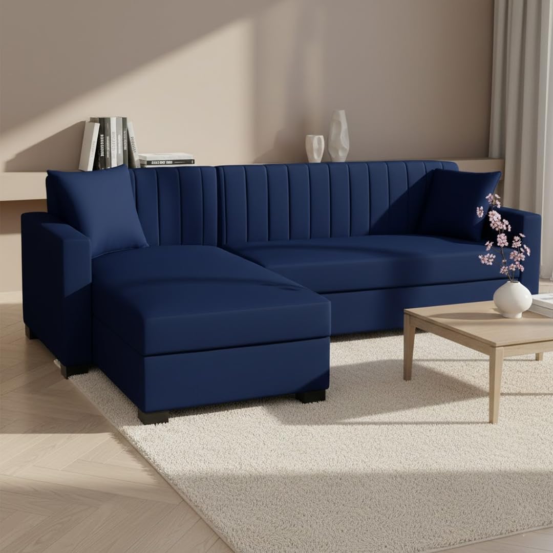FURNY Averona 4 Seater Fabric LHS L Shape Sofa Set (Blue) Premium Velvet Finish Durable & Comfortable | Ideal for Living Room