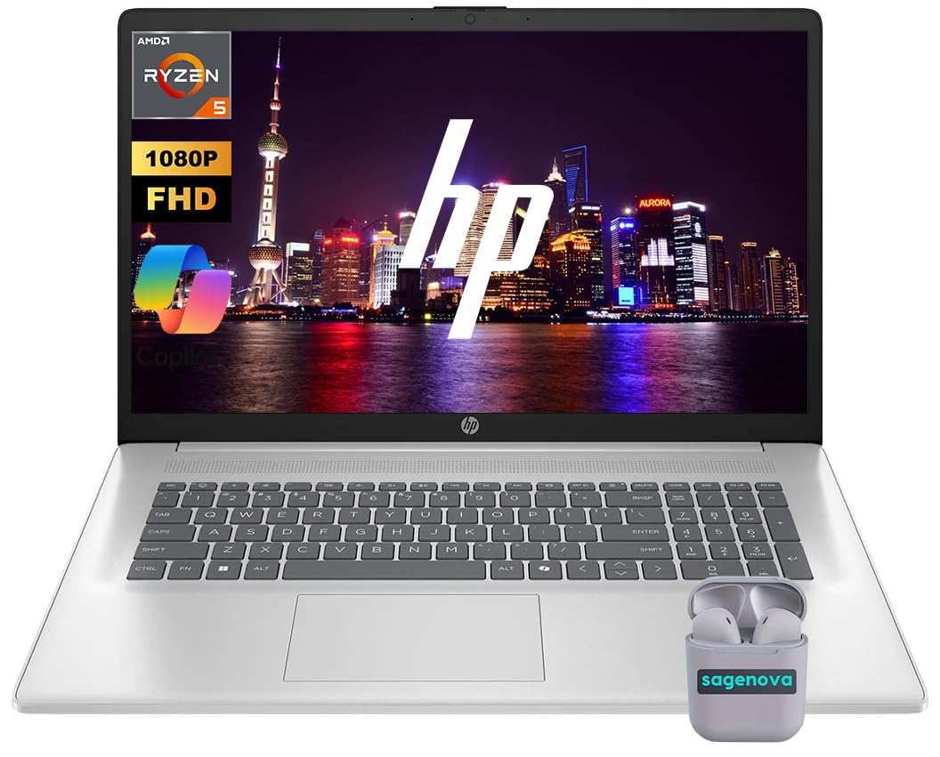 HP Laptop, 17.3" FHD Business Laptop Computer, 16GB RAM 1TB SSD, AMD Ryzen 5 7430U Processor (Up to 4.3 Ghz), Windows 11, Numeric Keypad, SageNova Earphones, Silver