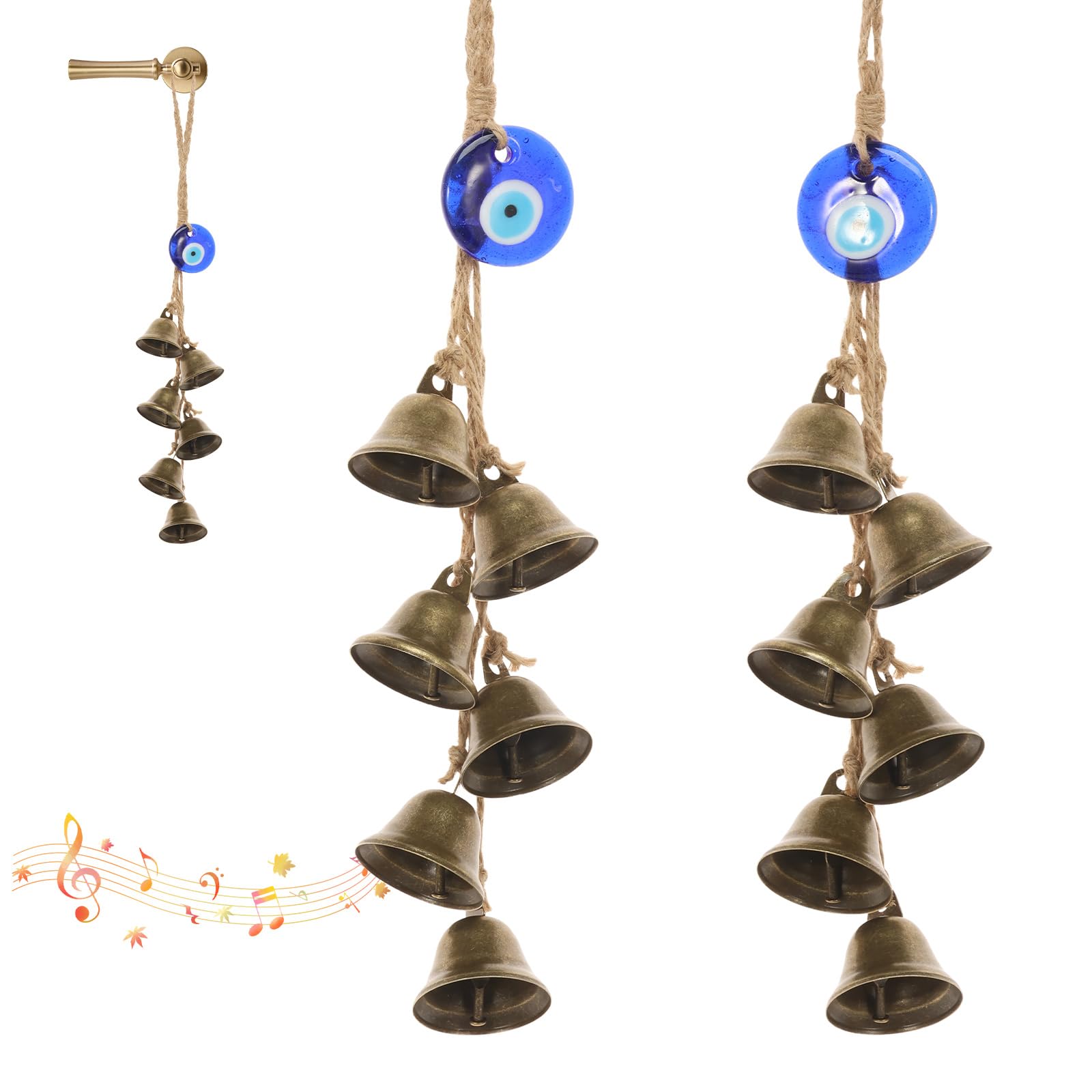 2Pcs Evil Eye and Witch Bells for Door Knob Protection, Vintage Bronze Witches Bells Wind Chime Hanging Decor with Blue Evil Eyes for Home Door Window and Wall Clear Negative Energies