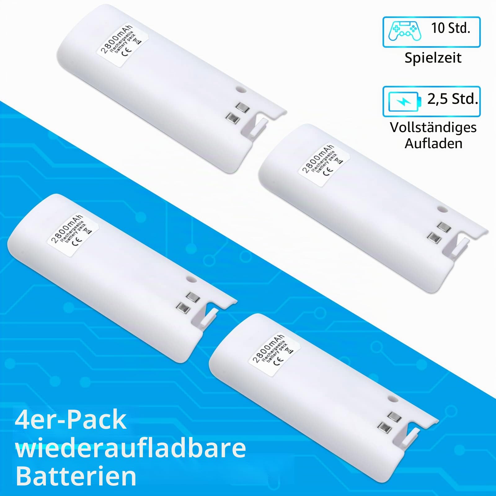 TechKen Wii Akku Ladegerät Set Wii Remote Controller Ladestation | Docking Station Wii Charger Mit 4 x2800MAH Akkus Wiederaufladbaren