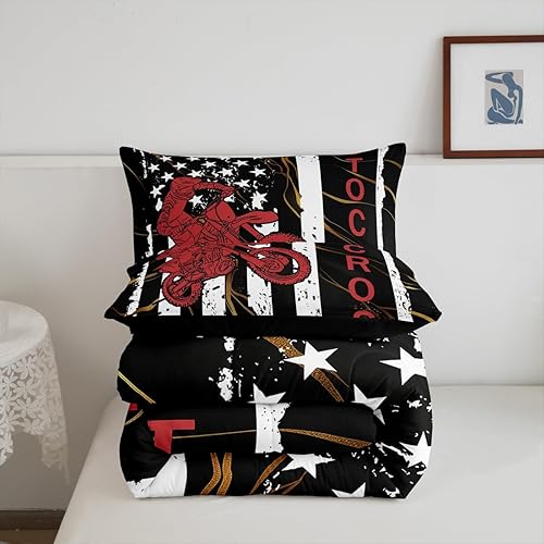Miniatura 6 de Juego de edredón de motocross para adolescentes, juego de ropa de cama Queen con bandera estadounidense, edredón de plumón para deportes extremos de