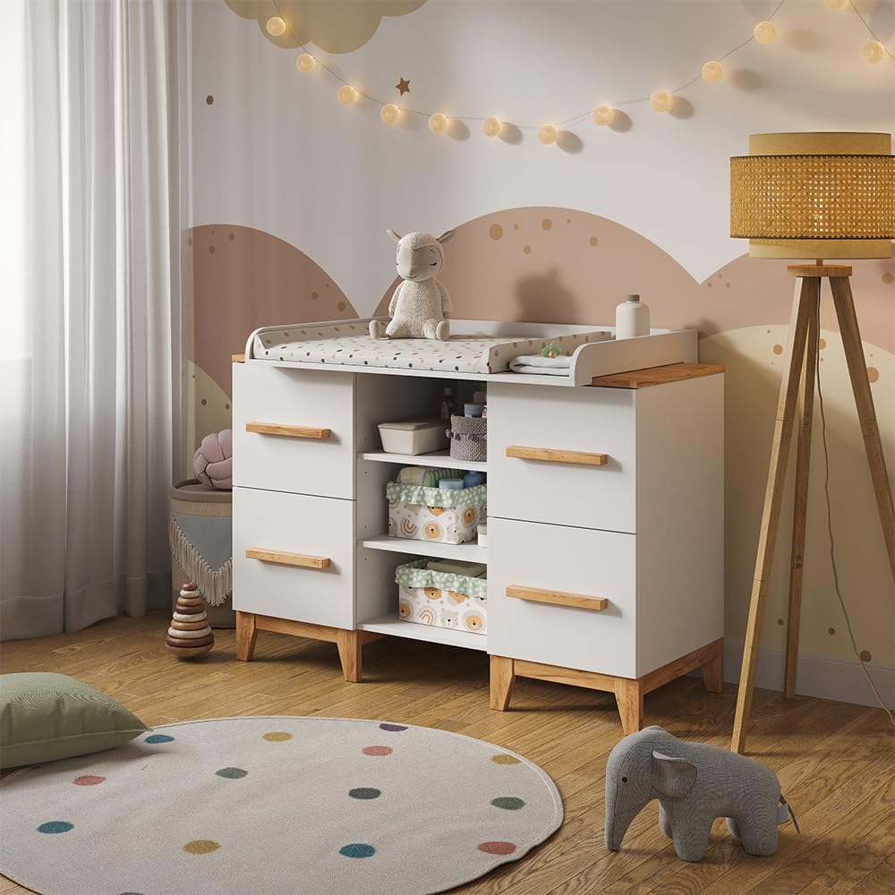 Vitalispa Przewijak "Malia", Biały/Artystyczny, 133 x 98 cm | XL z 4 szufladami, avec plan à langer amovible pour une utilisation comme commode