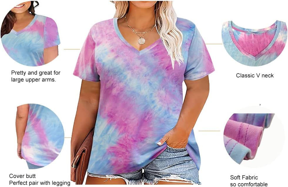 RITERA Women Plus Size Tops Tie Dye V Neck Shirt Floral Camo Summer Short Sleeve Tunic Oversized Ladies Blouse XL-5XL - Image 3
