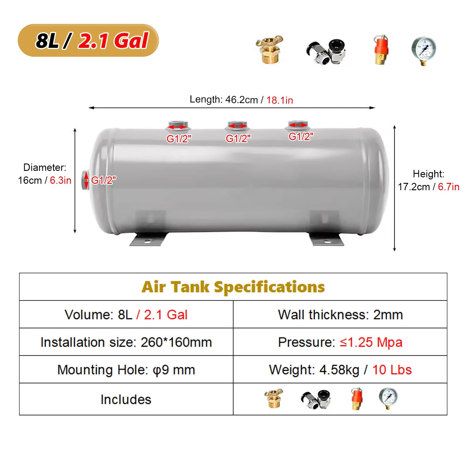 Depósito de Aire Tanque para Compresor de Aire Portátil con Válvula de Drenaje, Pequeños Tanques de Aire de Acero Al Carbono para Neumáticos de Camiones y Automóviles(8L/2.1Gal)