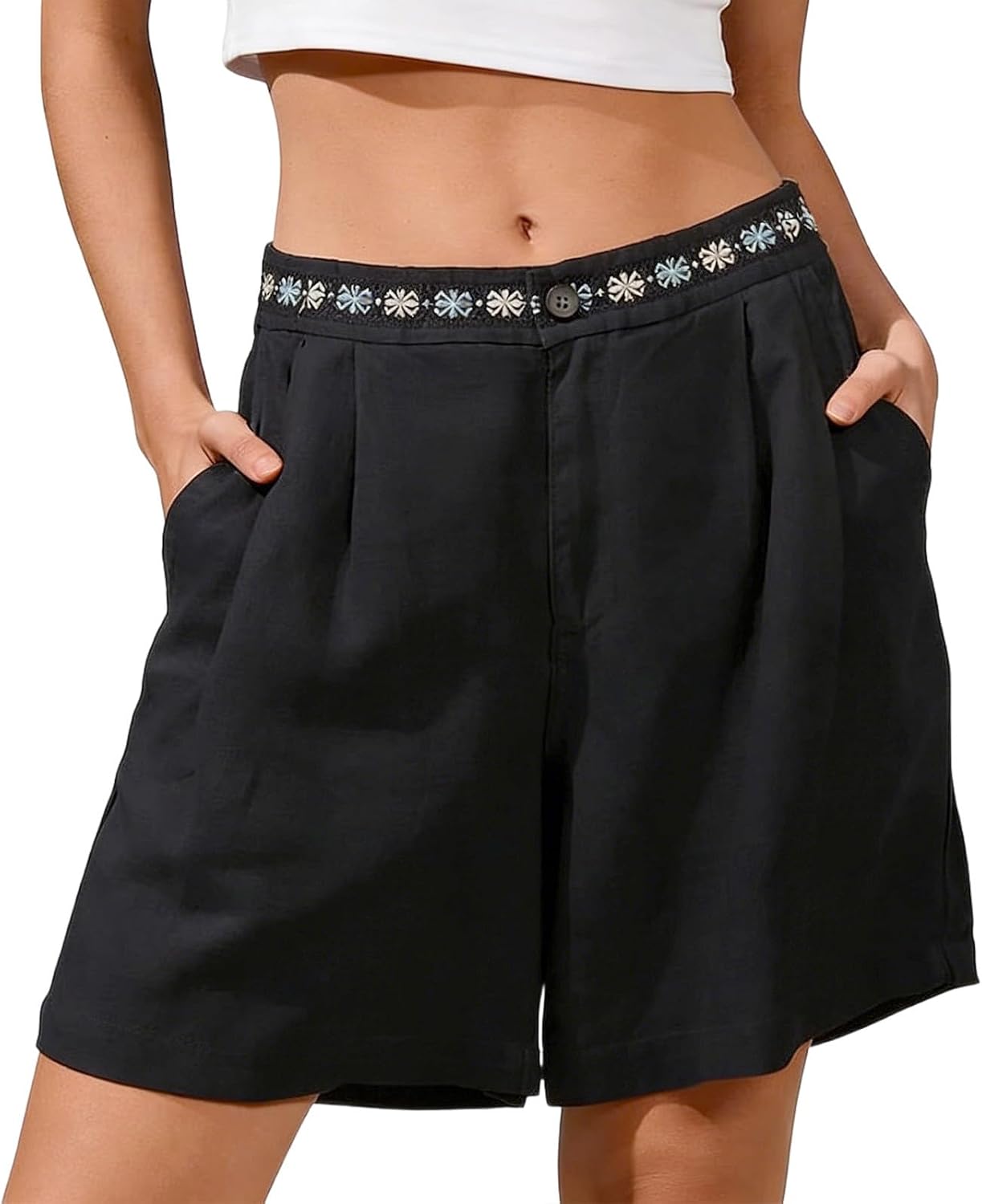 Linen Shorts for Women High Waist Wide Leg Lounge Embroidered Shorts Dressy Casual Summer Beach Vacation Clothes