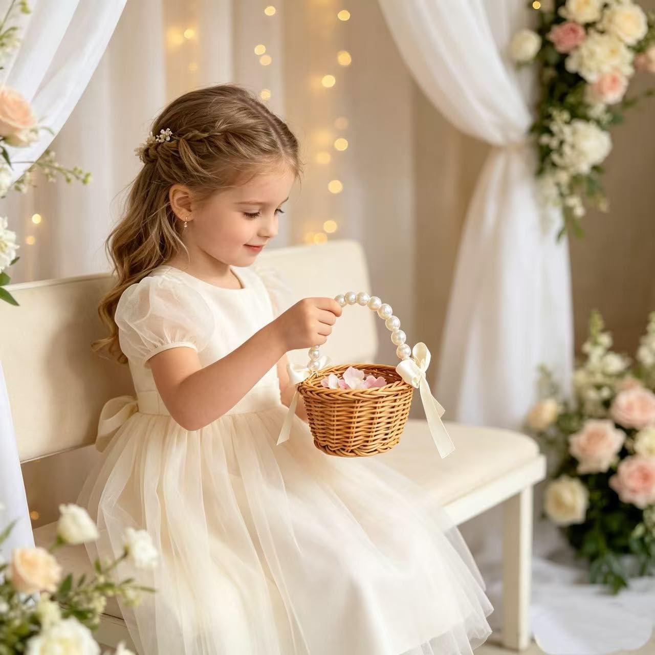 2pcs Wicker Flower Girl Basket,Pearl Handle Bowknot Plastic Flower Baskets For Wedding,Easter,Halloween Party Eggs Candy Baskets Flower Basket