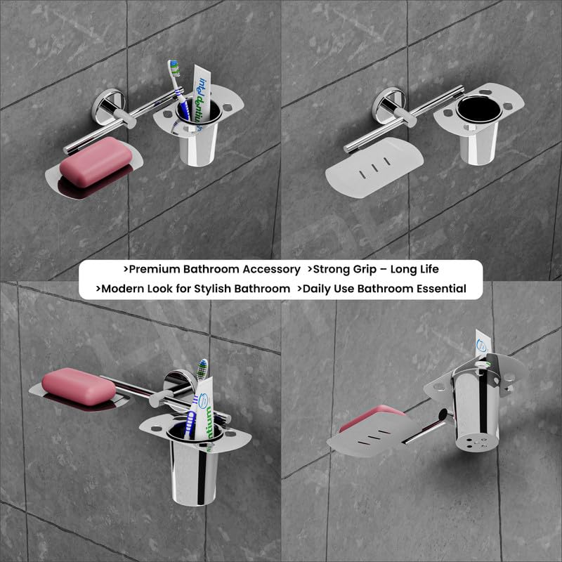 Chrome Square Bathroom Accessory Set | Wall Mounted Soap Dish & Toothbrush Holder with Tumbler | Durable Rustproof Bathroom Organizer (SILVER, 208), photo 5 of 5
