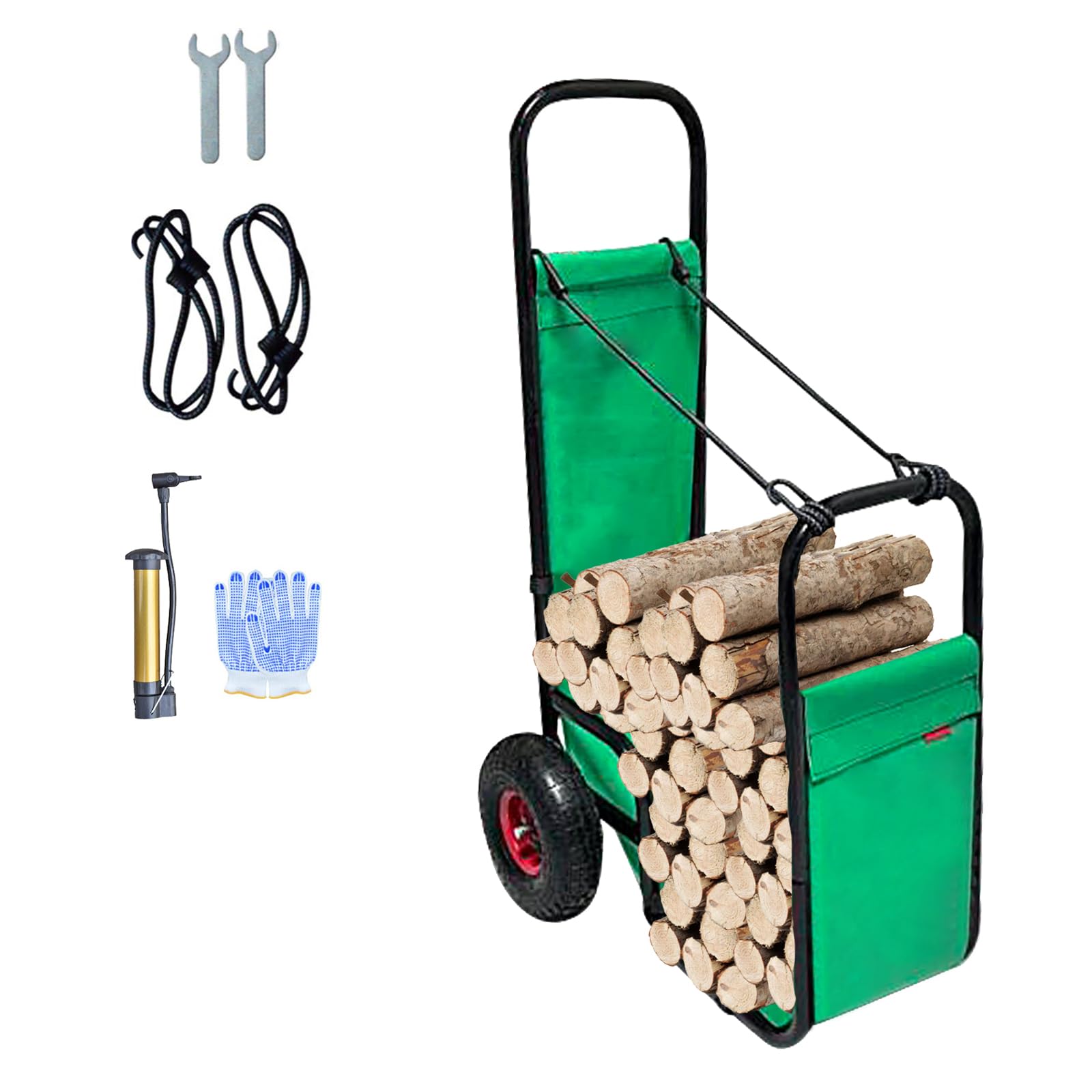 Carrello per legna da ardere con ruote in gomma, supporto per legna da ardere, 113,4 kg, nero, resistente, in acciaio, con copertura in PVC verde