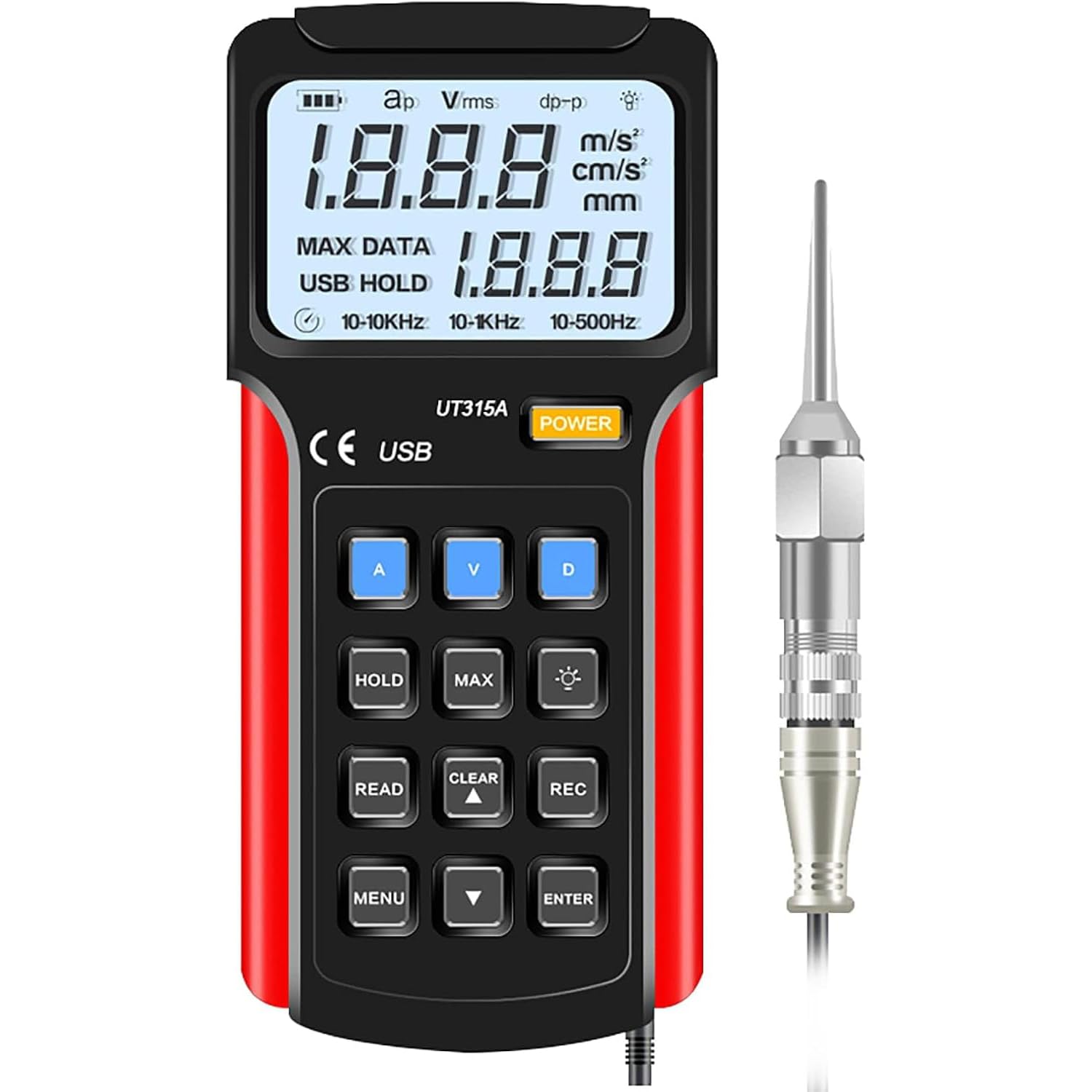 Handvibrationsmessgerät, digitaler Vibrationsanalysator mit LCD-Hintergrundbeleuchtung, USB-Schnittstelle kann Daten speichern, zum Testen von Motoren, Lüftern, Pumpen, Kompressoren