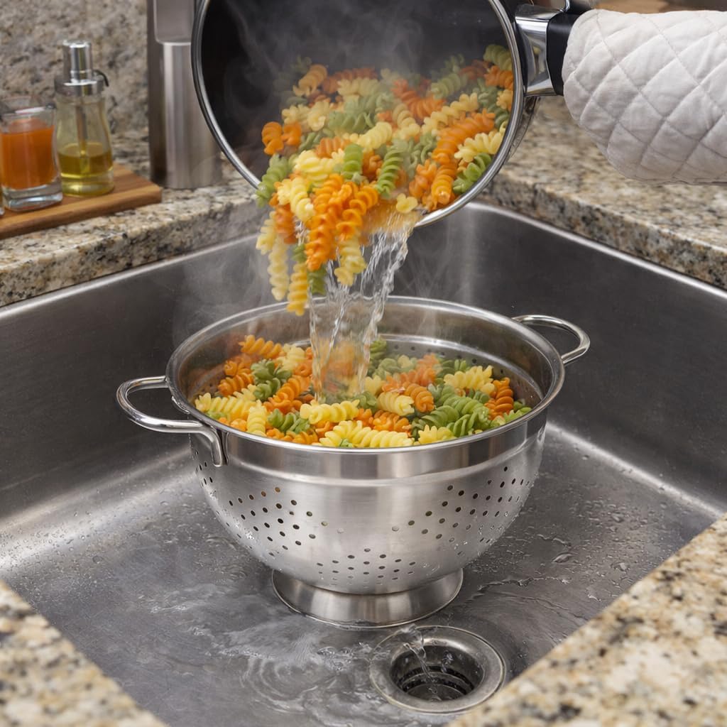 HIC Kitchen Pierced Colander, Heavyweight Brushed Stainless Steel, 8.75-Inch Bowl, 2-Quart Capacity, For Washing, Draining, Steaming, And Blanching