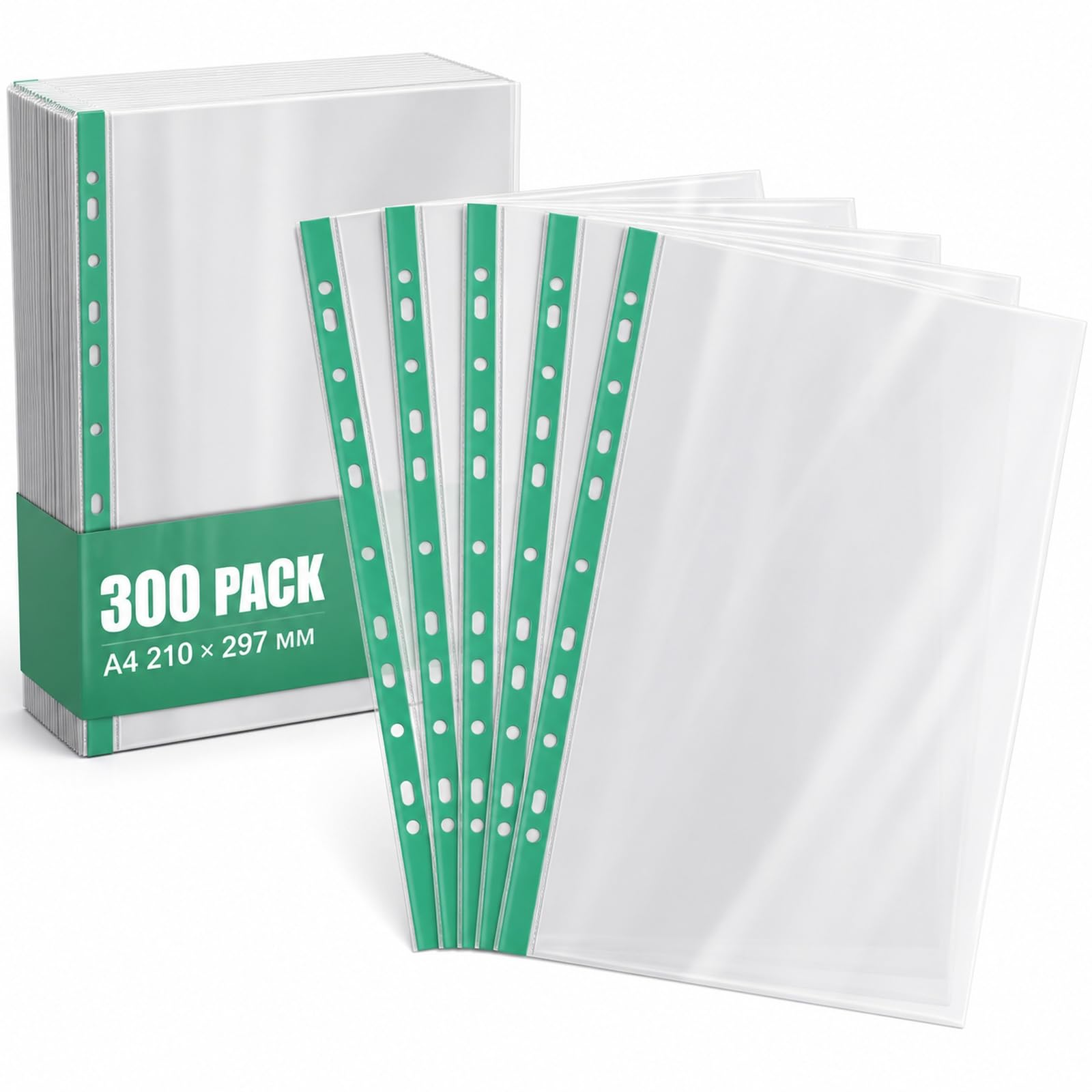 stititata 300 Pack Plastic Wallets A4, Green 11-Hole Edge, 210 x 297 mm