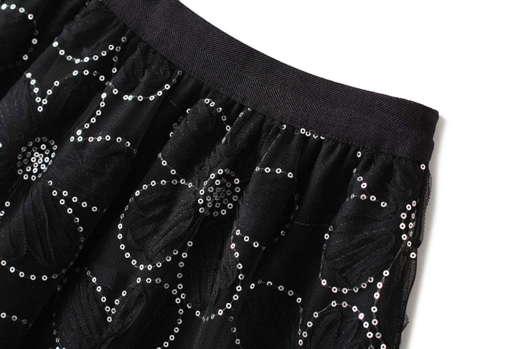 Röcke,Damen-Midirock, Schwarz, Elastisch, Hohe Taille, Glitzernde Blume, Plissierter Tüllrock, Süßer A-Linien-Swing, Geraffte, Geschichtete Lange Röcke Für Mädchen, Damen,S