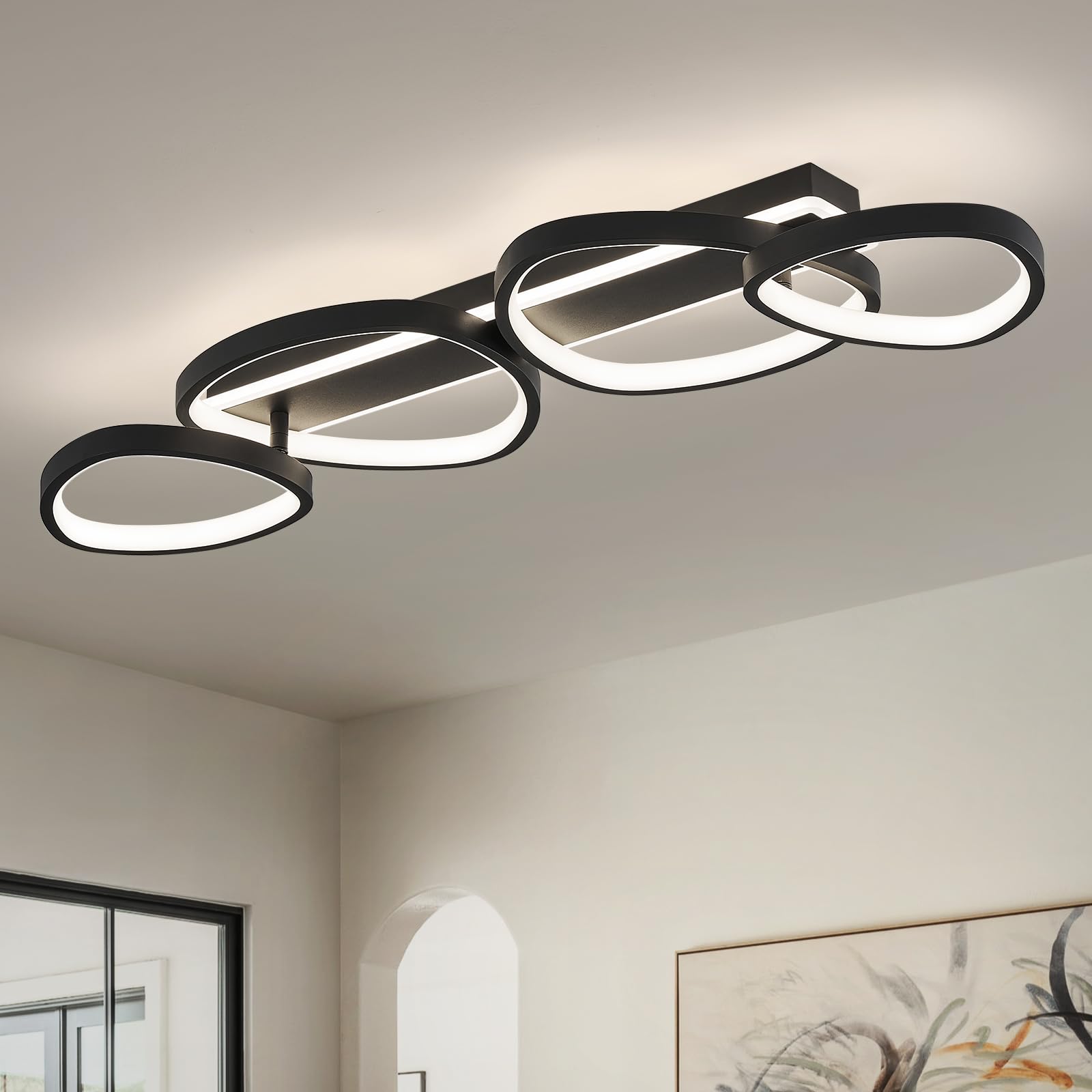 Qamra Moderne 4-Ringe Deckenlampe,Schwarz LED Deckenleuchte,82 cm,4000 K