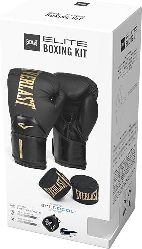 Everlast Kit de iniciación Elite, Negro/Dorado | Incluye guantes de boxeo Elite para saco, vendas de 455 cm y protector bucal