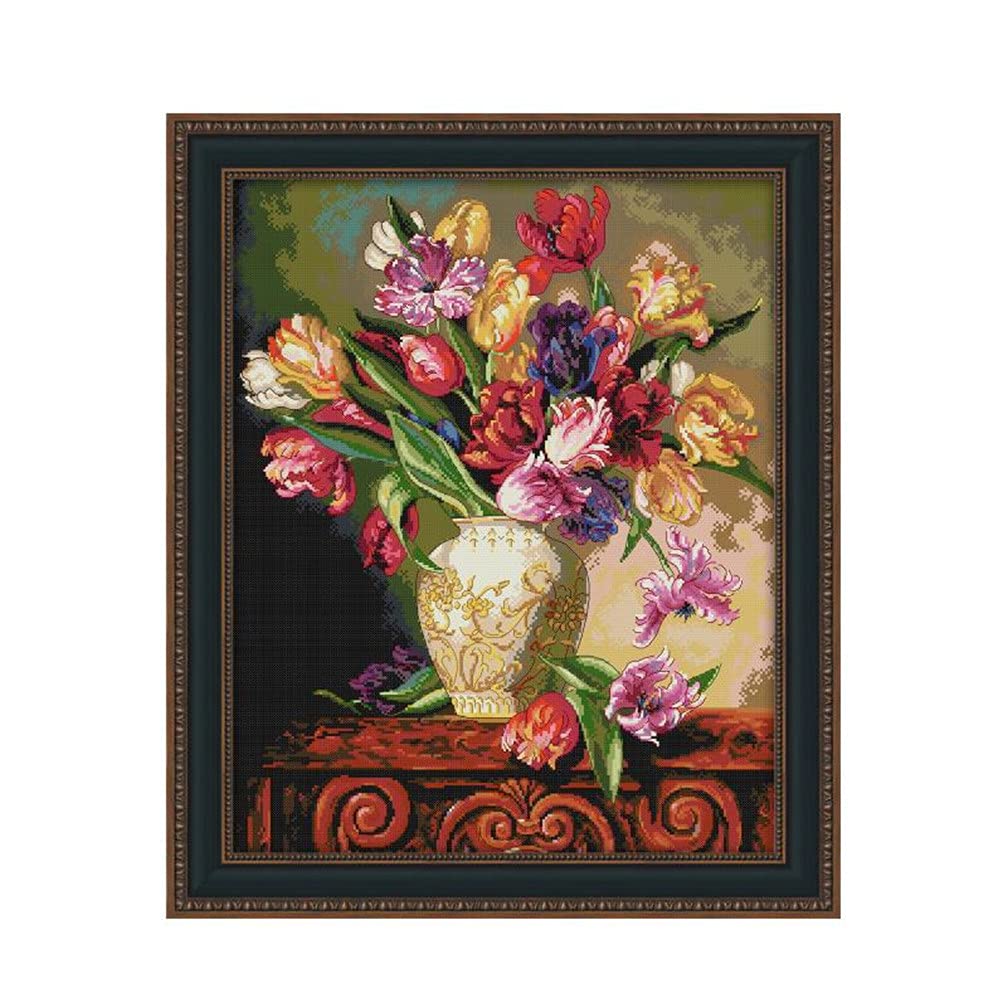CaptainCrafts Cross Stitch Kits, 𝐒𝐭𝐚𝐦𝐩𝐞𝐝 11CT Preprinted Fabric Cross Stitch DIY Art DMC Needlecrafts Embroidery Kits For Adults Beginners (Tulip Flowers Vase, Stamped 11CT)