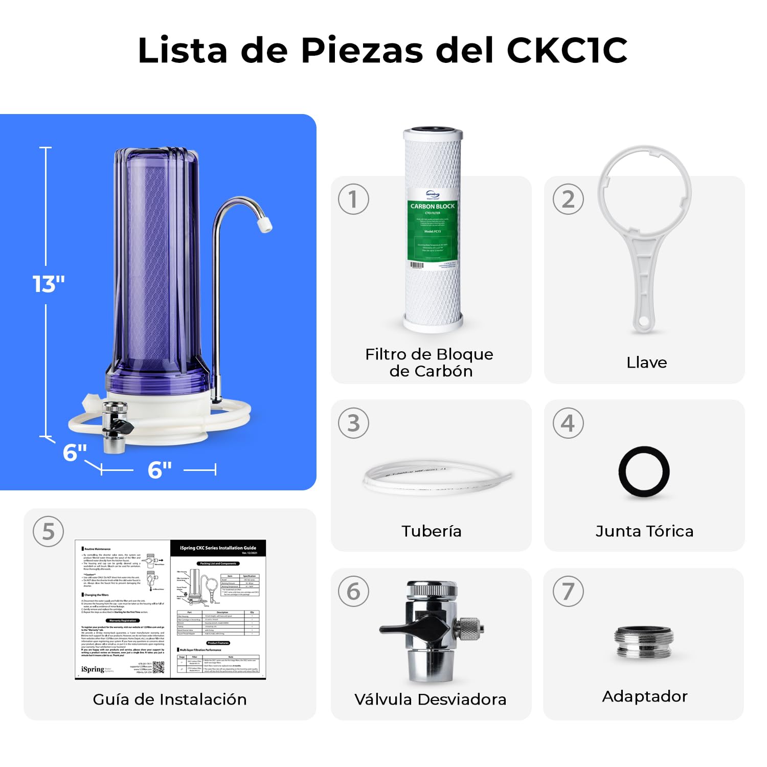 iSpring CKC1C Sistema de Filtración de Agua Potable para Encimera con Filtro de Carbón, 2.5" x 10", Transparente