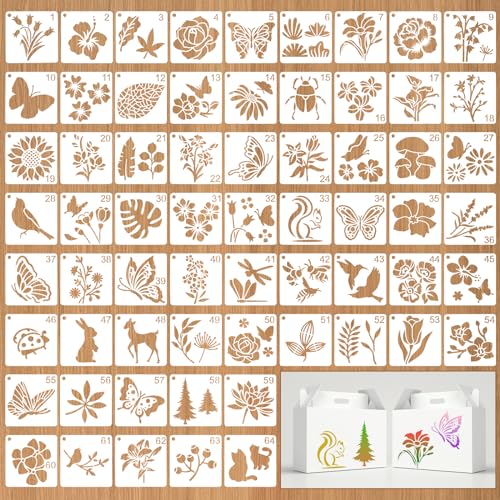 JSRQT 64 Piezas Plantillas Pequeñas para Pintar, Plantillas Dibujo Pintura Reutilizables de Plástico, Tema de Naturaleza Flores Mariposas Pájaros Stencil para DIY Scrapbook Madera Muro, 3’’ ⭐
