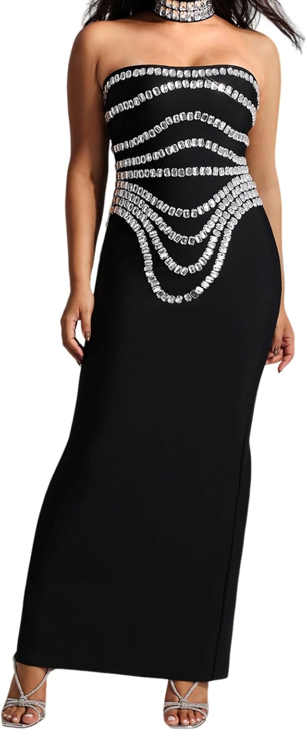 BELLA BARNETT Black Crystal Strapless Patterns Corset Sequin Dress Body Silhouette Cocktail Dress