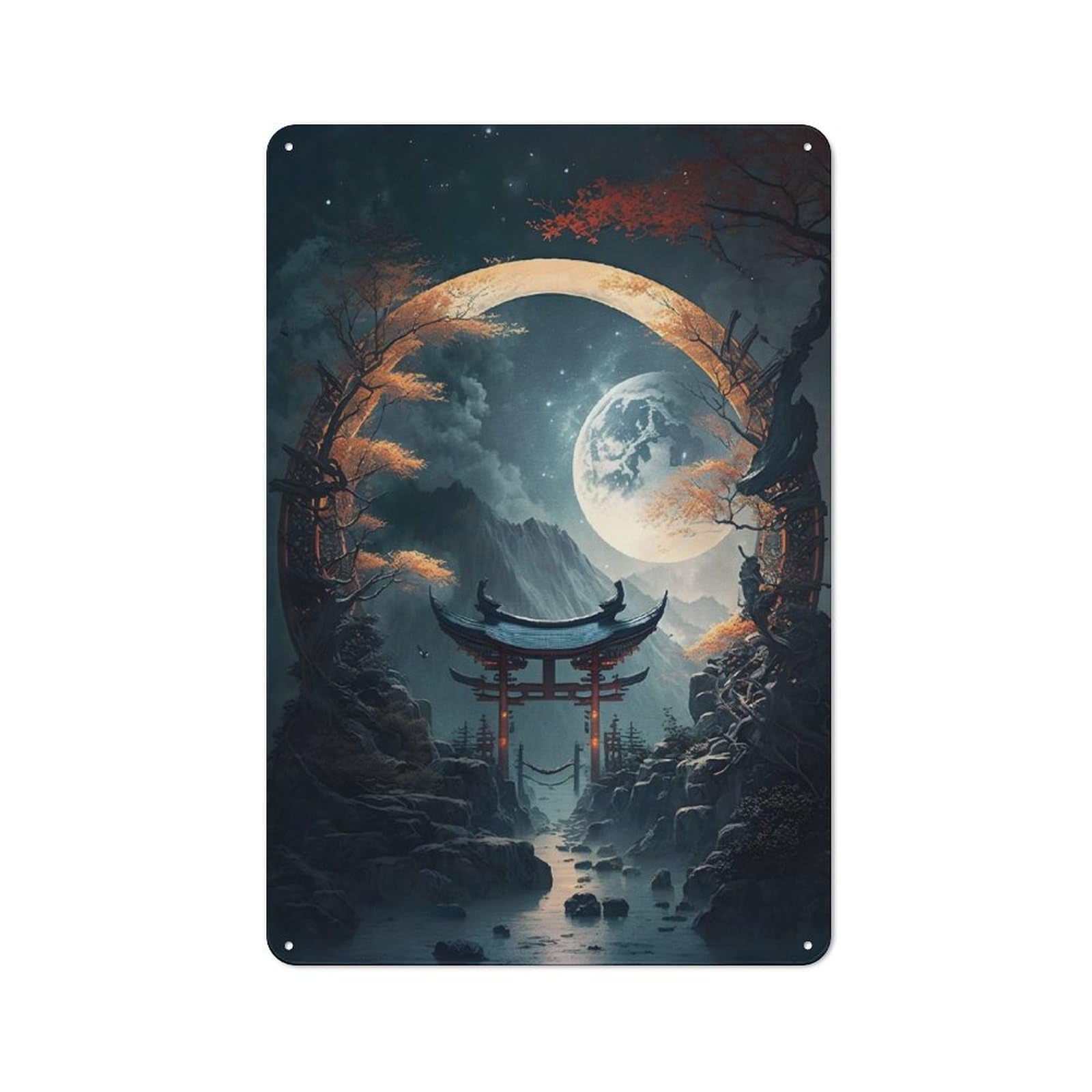 Tin Wall Plaque 30x20cm with Japanese Fantasy Gate for Home Bar Wall, for Hosts Who Enjoy Retro Interiors Refreshing A Room in Autumn