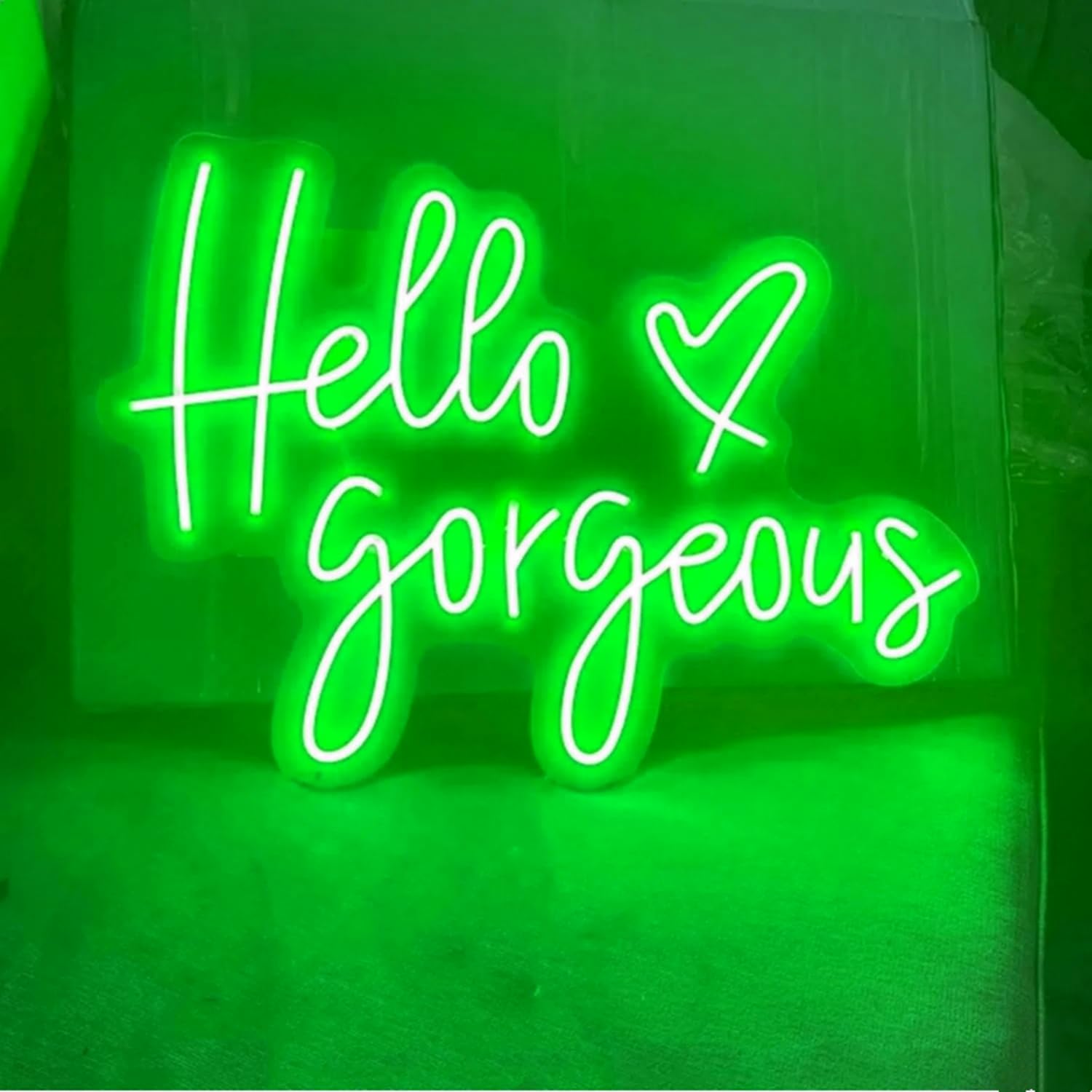 HFHungkeong Hello Gorgeous Neon Sign,LED Green Neon Hello Sign Decorative Art Lamp with Dimmable Switch Suitable for Home Wedding Birthday Backdrop Party,17x10In,Usb Powered(Green Hello Gorgeous)