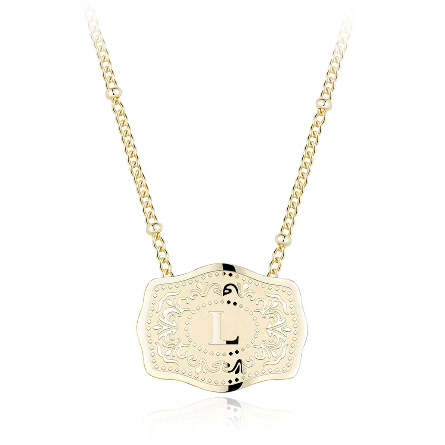 14K Gold-Plated Initial Letter Pendant Necklace with Embossed Belt Buckle, Buy 1 Get 2 Chains, Personalized Necklace for Women and Men