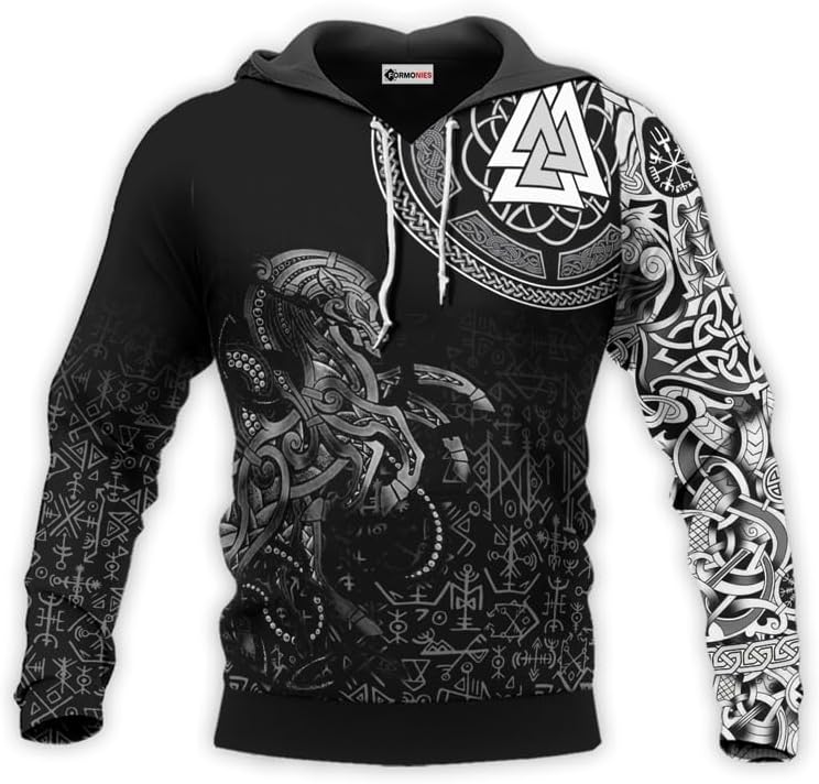 Viking Tatoo Hoodie Men’s Long Sleeve Graphic 3D Print Pullover Hooded Viking Apparel Sweashirt Hoodies