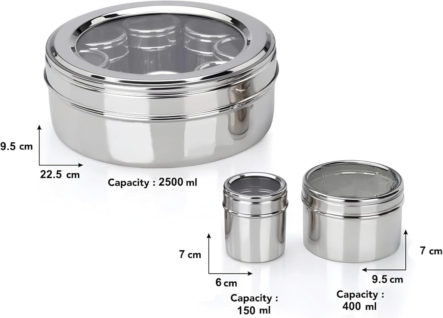 STL Masala Dabba de acero inoxidable estilo indio | 9 compartimentos extraíbles, tapas transparentes | Caja de especias tradicional de 23 cm para cocina india | Contenedor de almacenamiento de