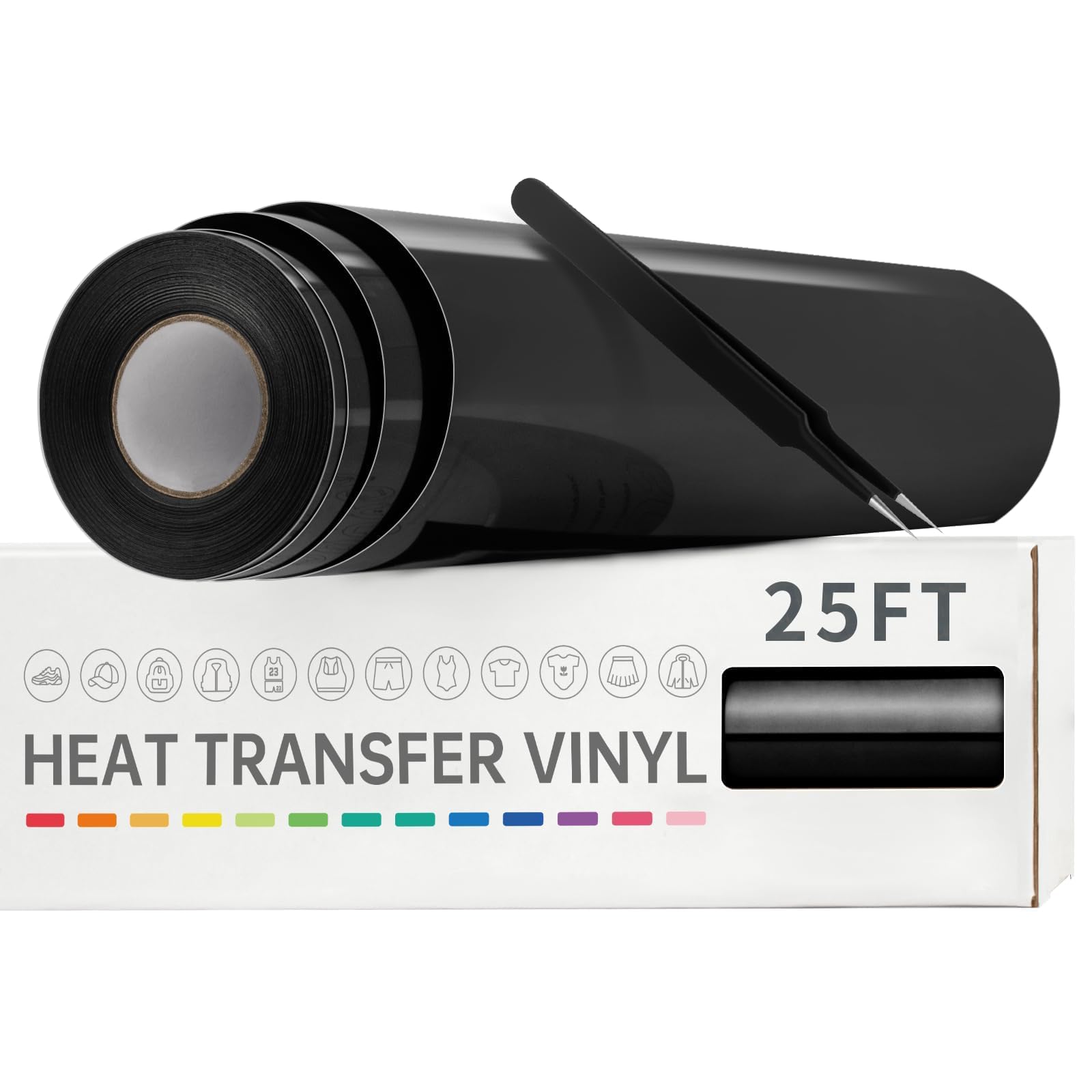 VinylRus Heat Transfer Vinyl-12” x 25ft Black Iron on Vinyl Roll for Shirts, HTV Vinyl for Silhouette Cameo, Easy to Cut & Weed