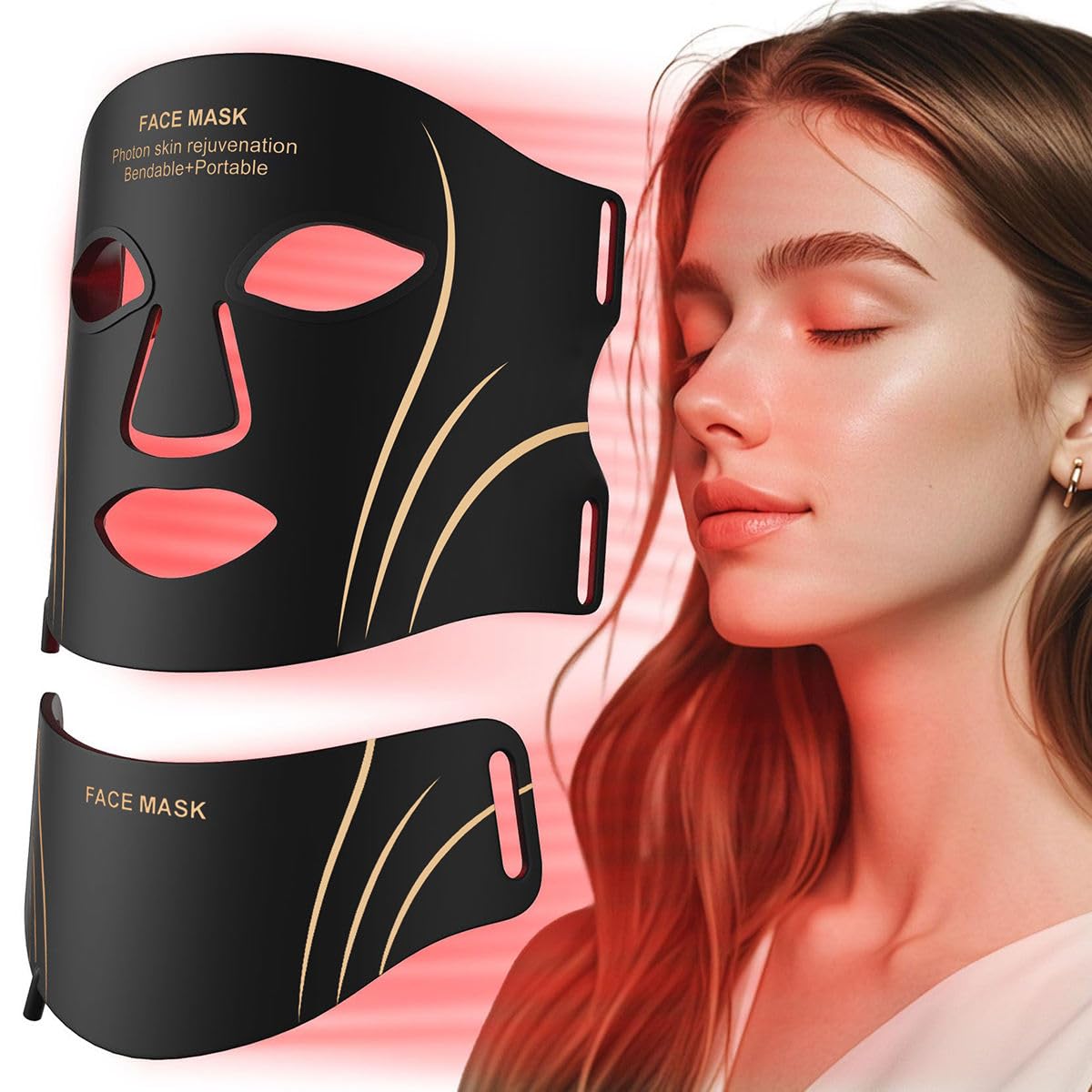 Red Light Therapy Mask for Face Neck LED Face Light Therapy USB C Rechargeable Infrared Mask for Home