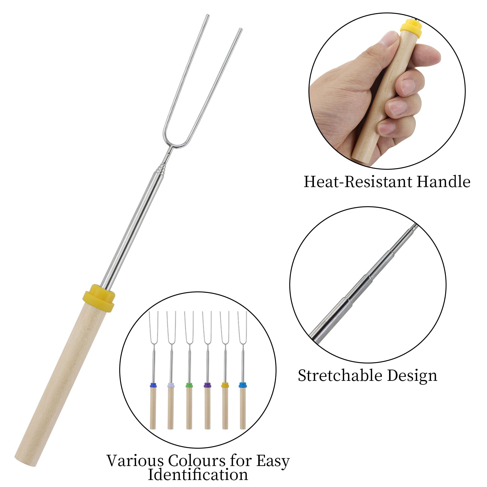 6 forchette da barbecue, bastoncini telescopici per arrostire marshmallow, allungabili, in acciaio inox, a forma di U, con manico in legno, spiedini per barbecue, campeggio, falò, camino, picnic