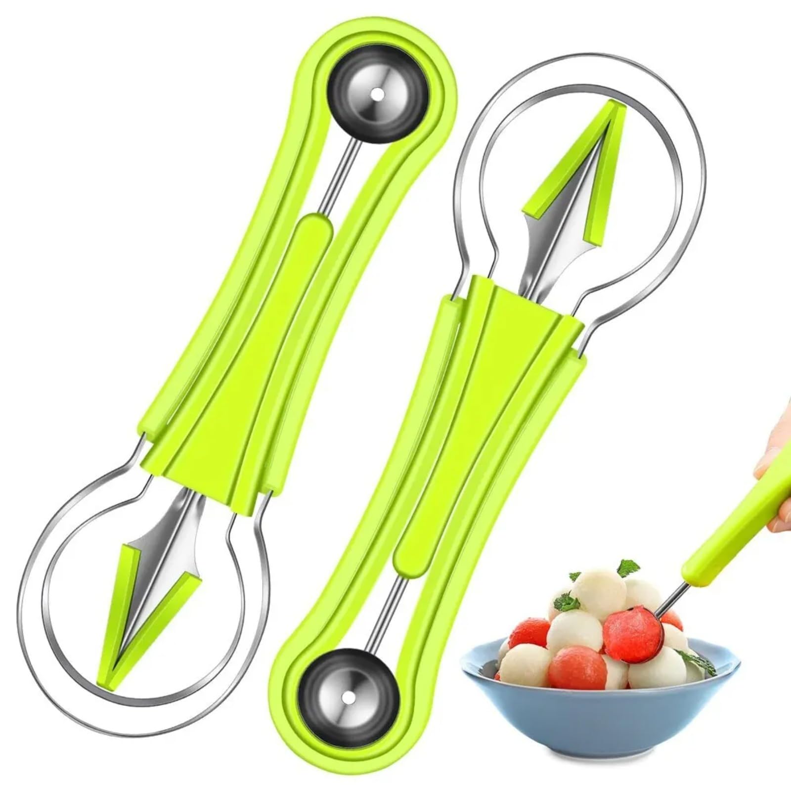 4 In 1 Melon Baller Scoop, Stainless Steel Watermelon Cutter Fruit Carving Tools Set for Fruit Slicer Dig Pulp Separator Green