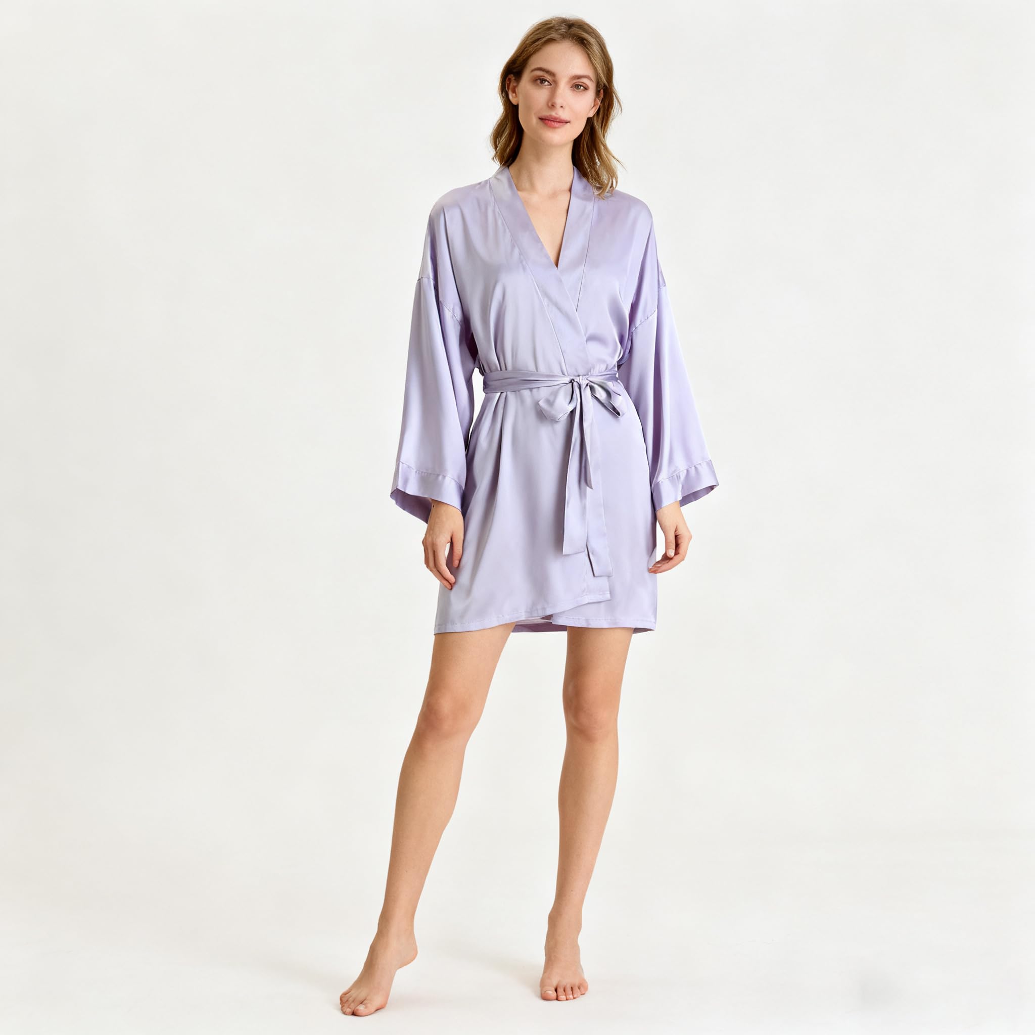 LUKX Bademantel Damen Kurz,Baumwoll-Leinen-Bademantel Lila Schlichter Kimono Robe V-Ausschnitt Morgenmantel Leicht Kurz Nachthemd Braut-Morgenmantel Nachtwäsche Bademantel Damen
