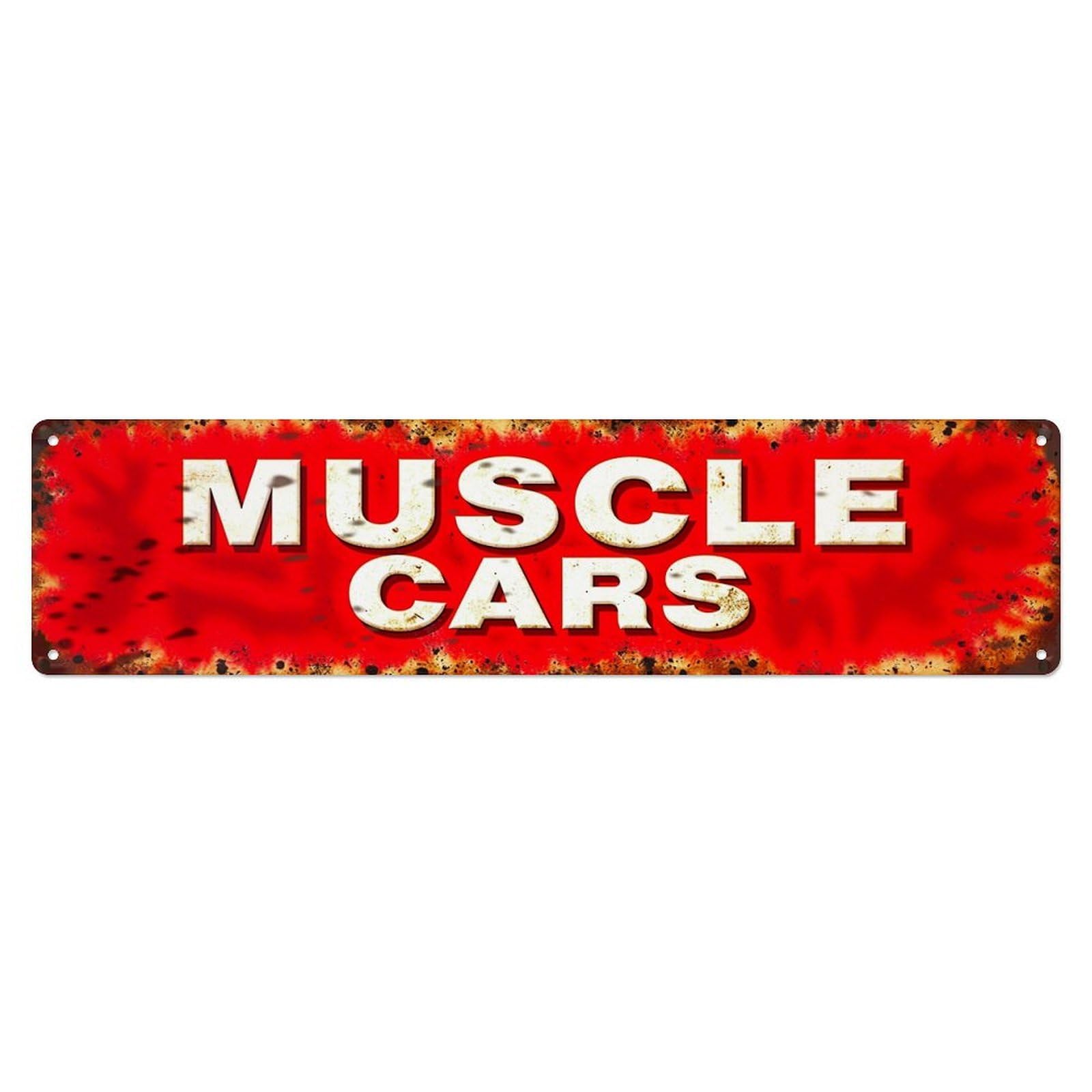 Jdyaojiesheng Vintage Muscle Cars Red Rust Pattern Tin Sign Retro Metal Wall Decor Metal Poster, Home Bar Garage Farmhouse Cafe Wall Art Decoration 4X16inch