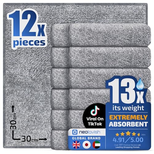 NeoLavish® Microfibre Cleaning Cloth - 12 Pack | Thick, Super Plush Absorbent Towel | Lint-Free Bamboo Kitchen Cloths for Dishwashing, Dusting, Surfaces, Home | Fast Dry & Reusable Clothes, 30x30 cm