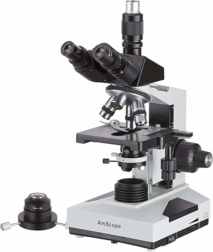 AmScope Microscopio trinocular compuesto T490B-DK, oculares WF10x y WF20x, aumento 40X-2000X, campo brillante/campo oscuro, iluminación halógena,