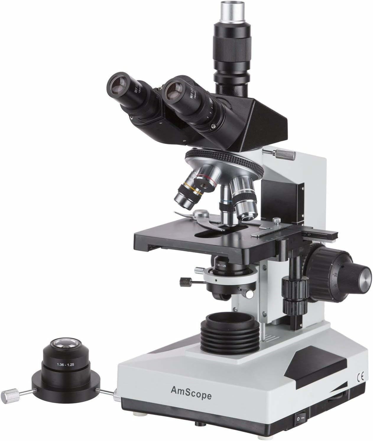 AmScope T490B-DK Compound Trinocular Microscope, WF10x and WF20x Eyepieces, 40X-2000X Magnification, Brightfield/Darkfield, Halogen Illumination, Abbe Condenser, Double-Layer Mechanical Stage, Sliding Head, High-Resolution Optics