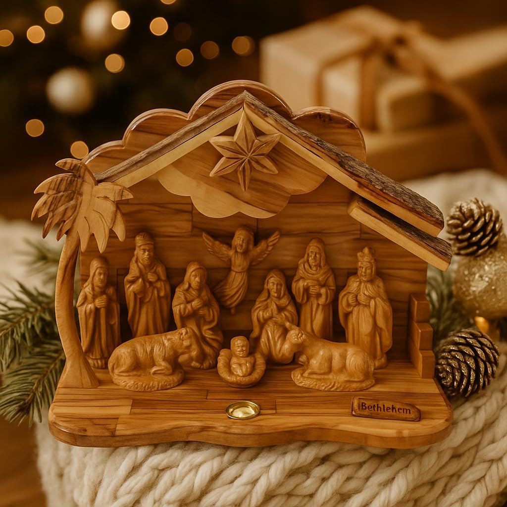 Bethlehem Beautiful Nativity Set, Handcrafted from Premium Olive Wood in The Holy Land, Brings a Touch of Sacred Tradition to Your Home.