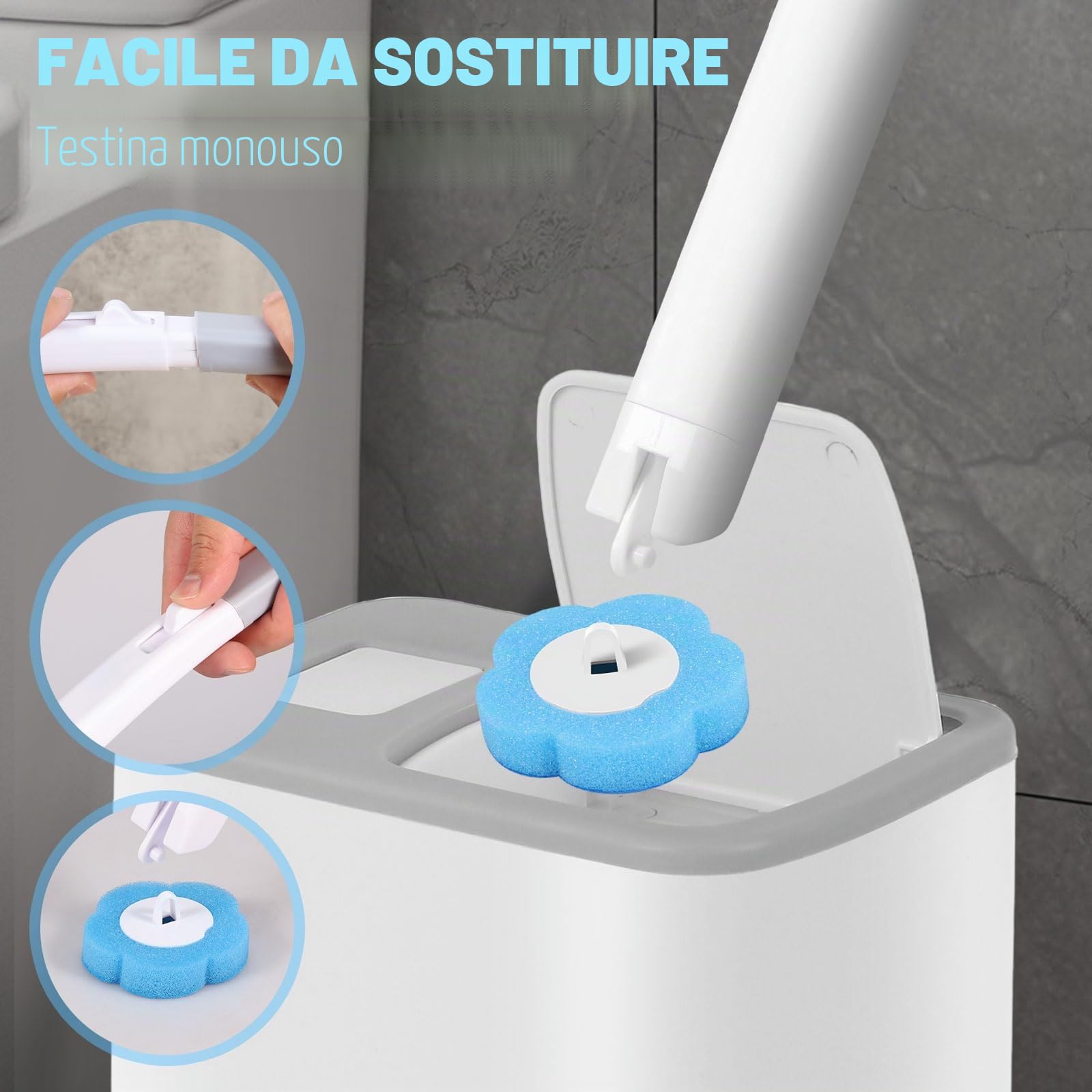 Scopino Bagno Wc usa e getta, set di scopino per WC monouso, scopino per WC con 30 pezzi di detergente di ricarica, set di scopino per WC per bagno, lavandino, vasca da bagno, pavimento (grigio)