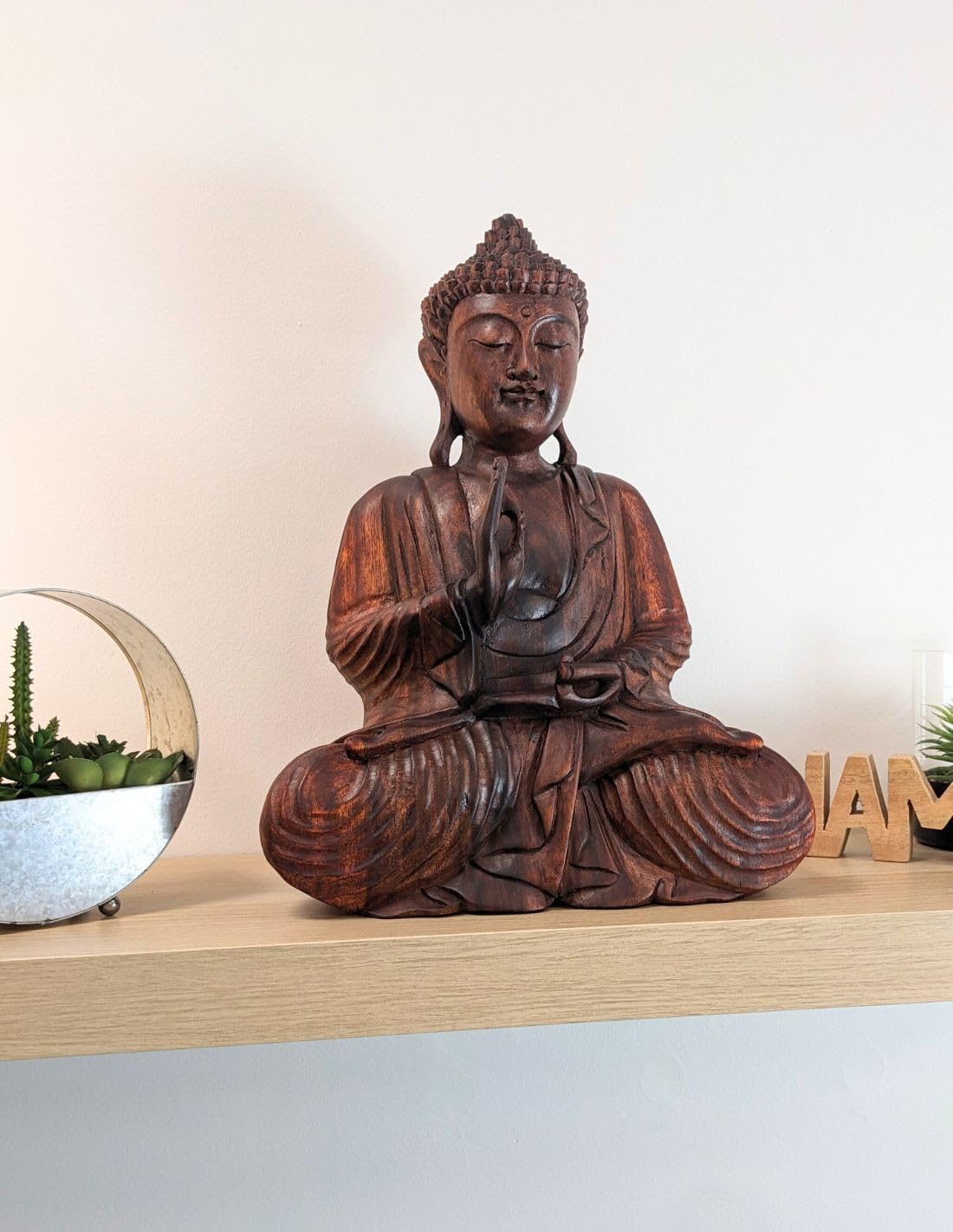 Artisanal Grande Statue de Bouddha Zen en Bois Massif sculpté Main 40cm