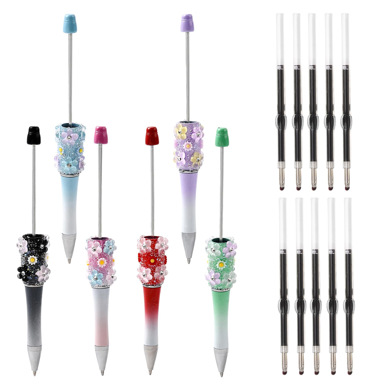 HUAAPLEVLA 6 Pcs Flower Beadable Pens Bulk Cute Journaling Pen for Beads Plastic Beaded Pens with Refills for DIY Pen Making Supplies Office Staff School Teacher Students Gifts — image 1