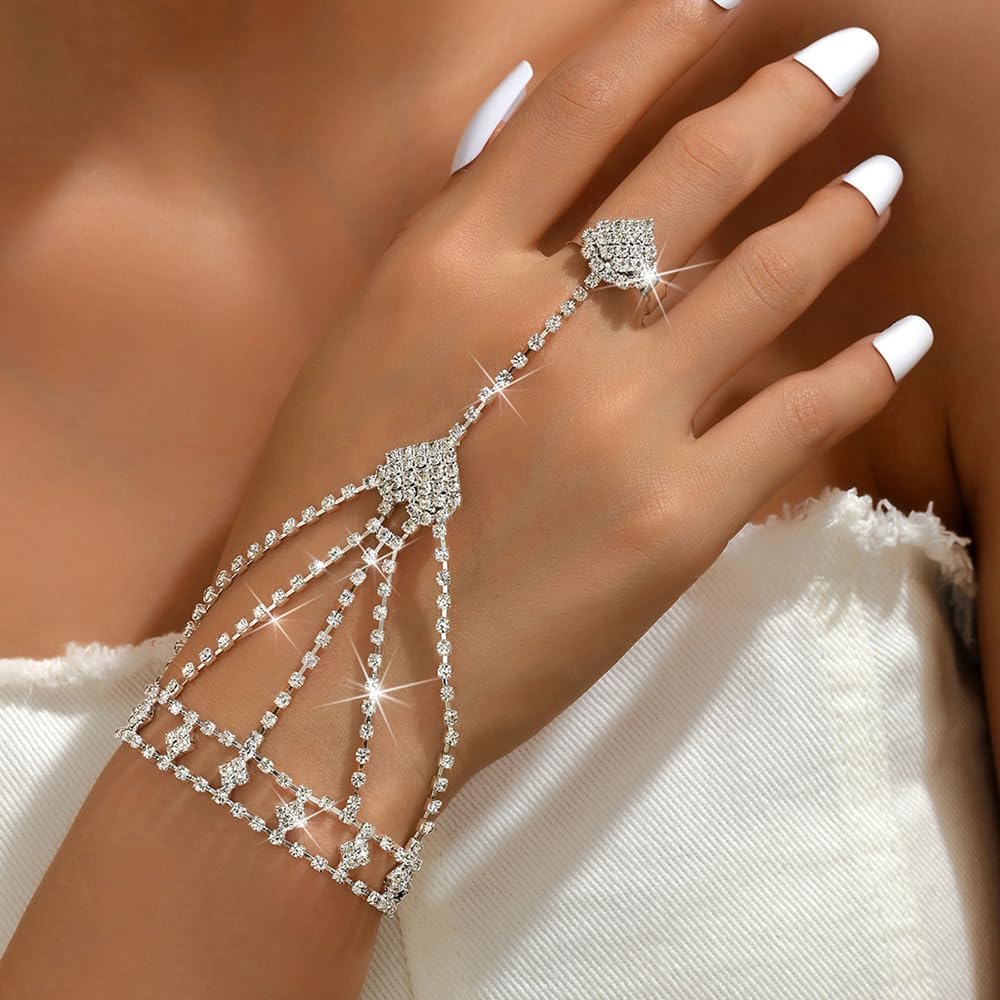 JWICOS Rhinestone Bracelet with Slave Finger Ring Hand Chain Bracelet Ring Rhinestone Tassel Hand Chain for Women and Bride (Style 11) - Image 2