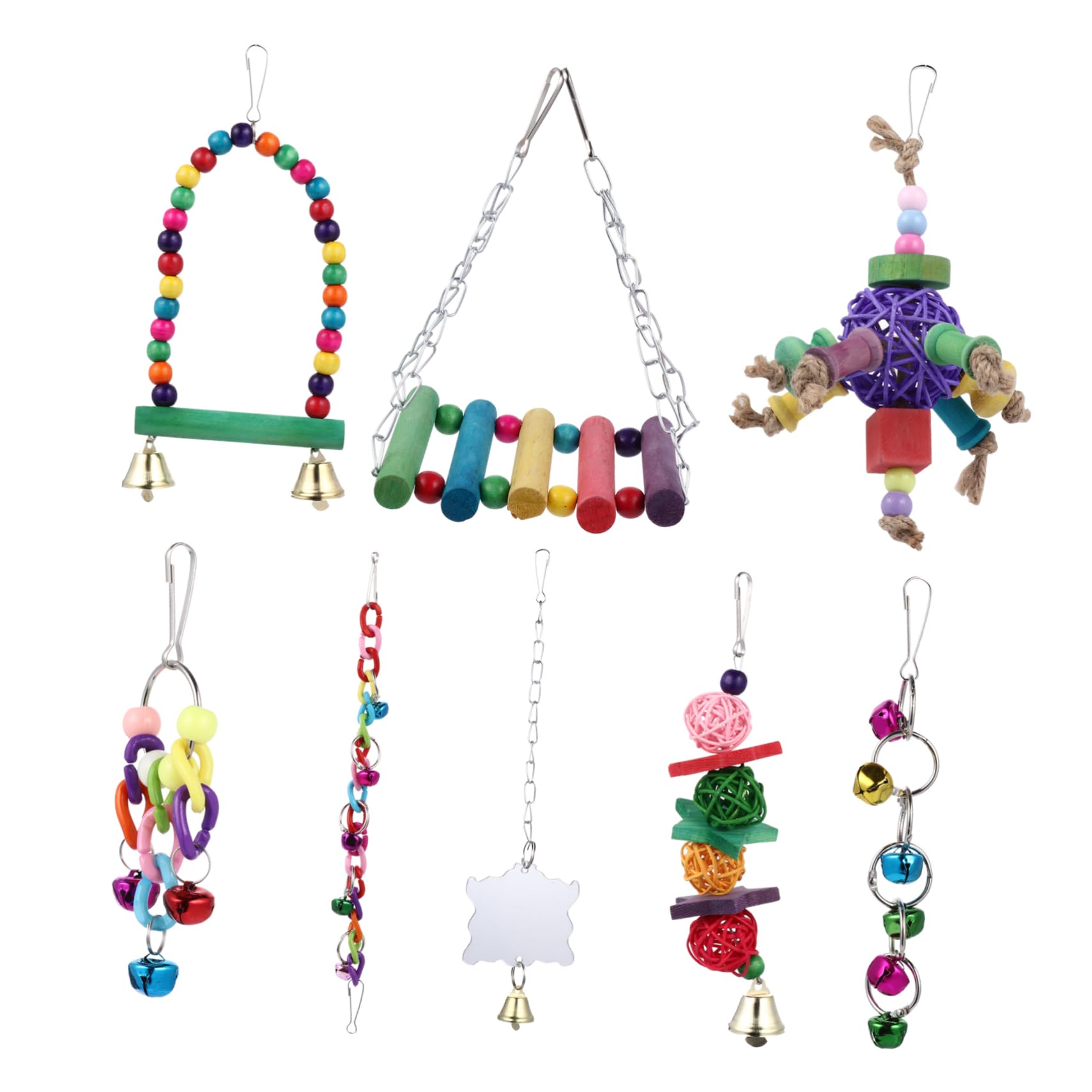 KESYOO 8Pcs Colorful Hanging Bird Parrot Durable Chewing Swing Mirror Bell for Parakeets Conures African Grey Budgies Fun Cage Accessories