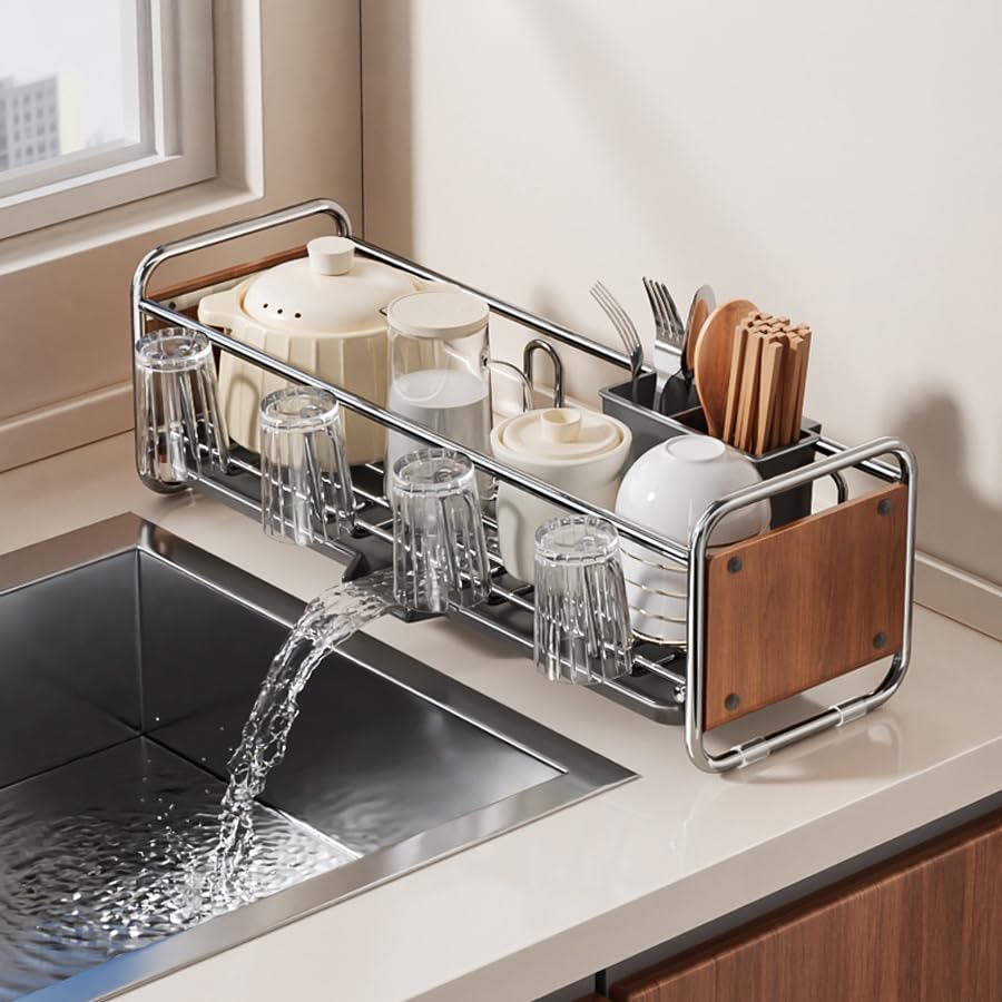 Zilnox 水切りラック スリム 食器 水切り かご シンク上 ラック 大容量 キッチン 箸立て 省スペース 食器乾燥 ブラウン 幅43*奥行17*高17CM