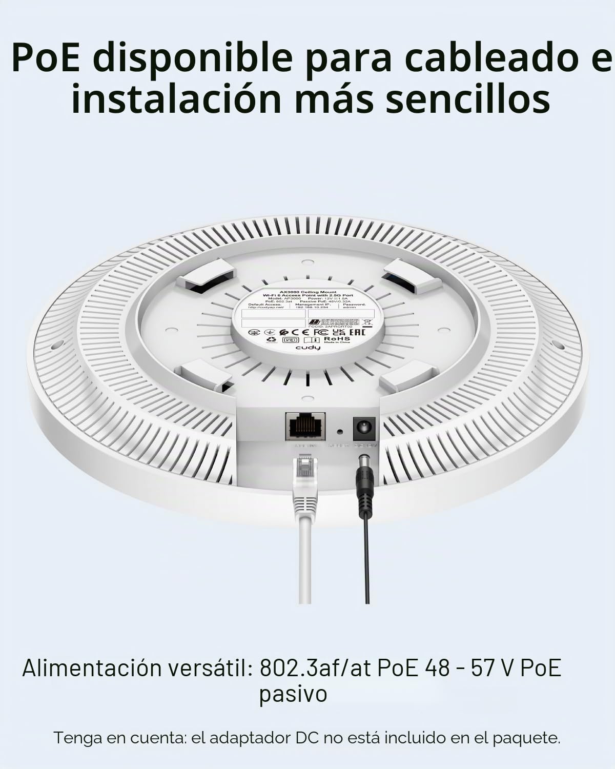 Cudy AX3000 2.5G WiFi 6 Punto de Acceso inalámbrico, 2.5Gbps RJ45, solución WiFi Comercial con Malla, MU-MIMO, Alimentado por PoE o CC, Cudy Mesh y App Soporten, AP3000