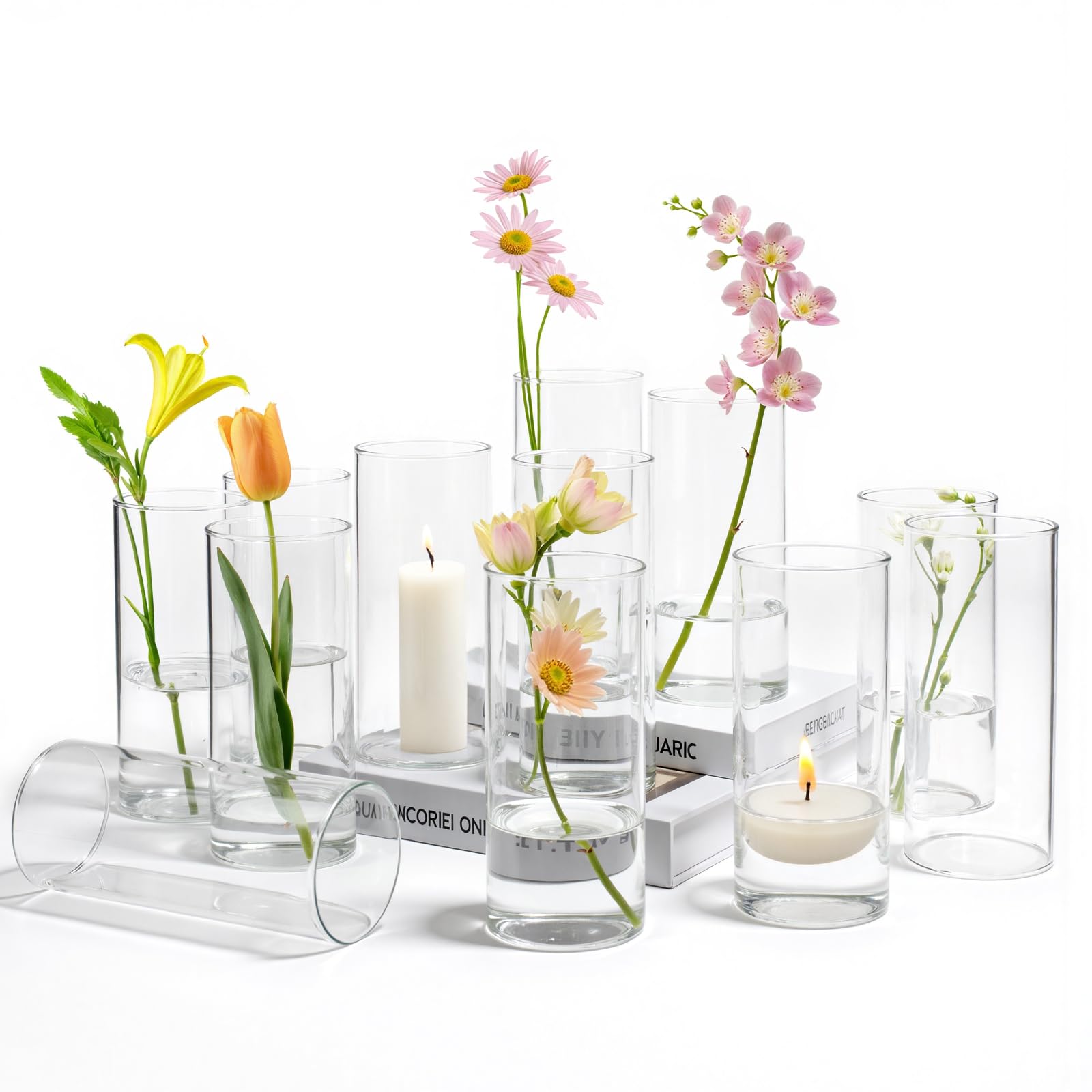 Photo 1 of 12 Cylinder Glass Vases 7.8" H, Tall Clear Hurricane Flower Vase Bulk for Weddings, Floating Candles, Table Decor, Events, Home Decoration